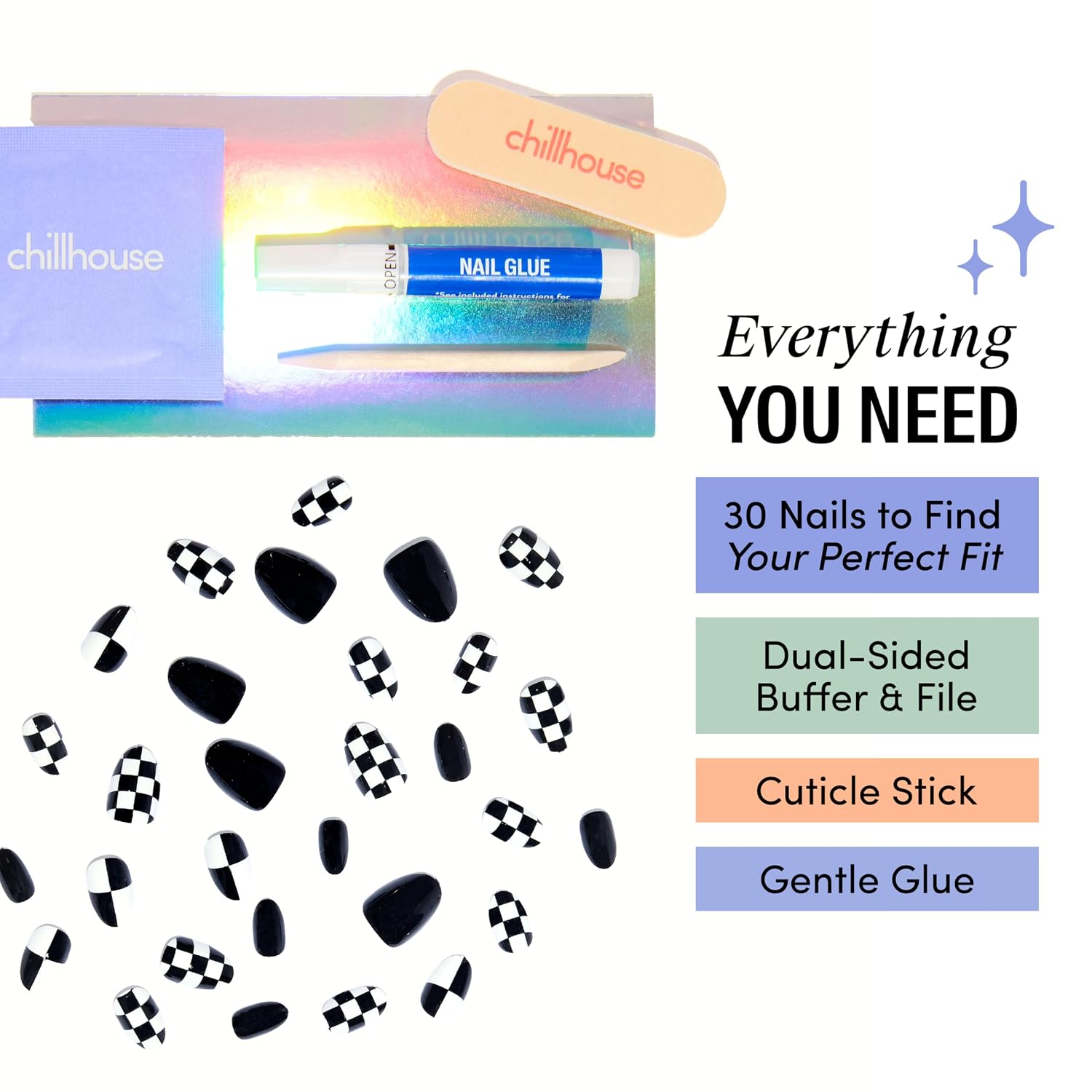 Chillhouse - Chill Tips, Press on Nails Kit - Sk8er Girl (Oval) - 30 Nail Shapes & Sizes - Up to 2 Weeks of Wear - Customizable Fit - Reusable - Latina Founded & Women Owned - Beauty & Self Care