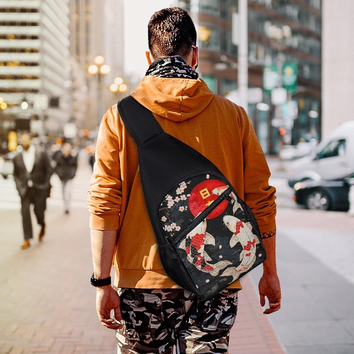 Japanese Fishes Japan Red Sun Crossbody Sling Backpack Chest Bag Daypack | unisex,trendy,with convertible and detachable shoulder strap,side pockets