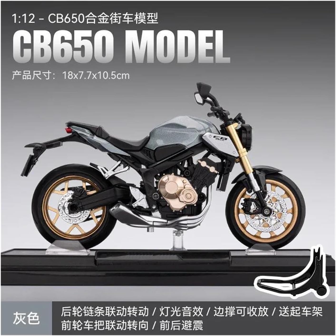 1/12 Compatible with CB650 Alloy Motorcycle Model, Functional Front Steering & Suspension with Light/Sound Effects and Rear Chain Drive(Gray)