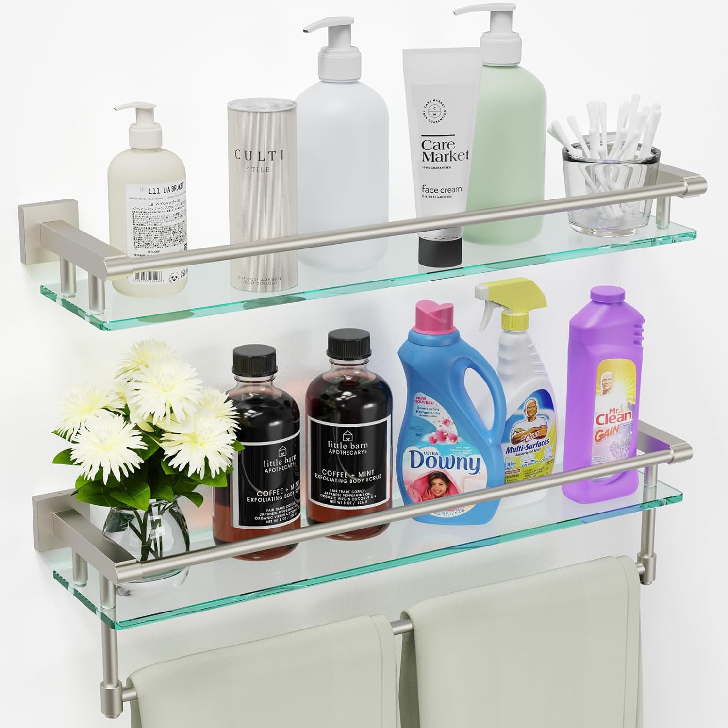 2 Pack Glass Shelf Bathroom Shelves for Bathroom 24inch Rectangular Holder Brackets Stainless Steel Tempered Glass Modern Toilet Storage Stand Mount Accessories Brushed Nickel