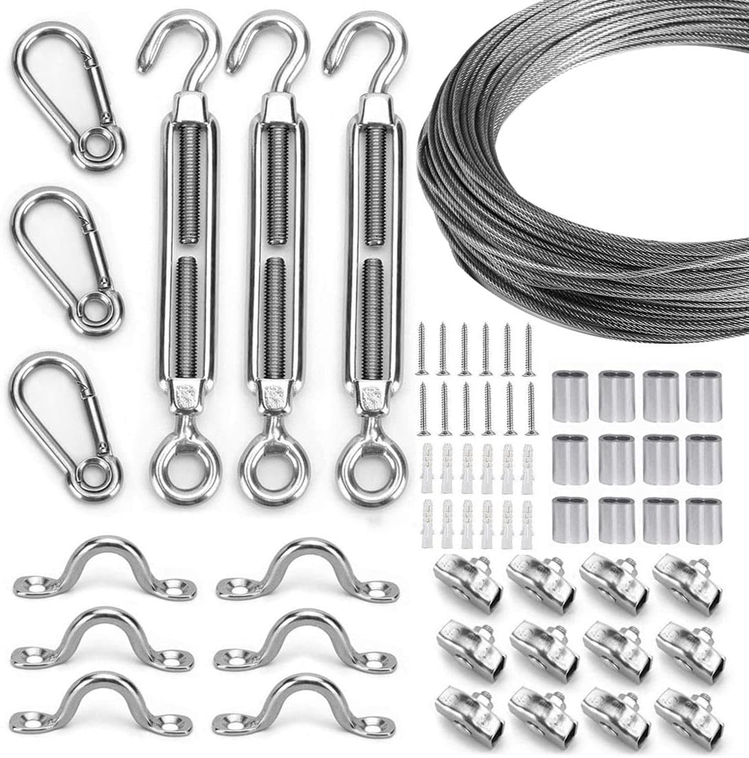Globe String Light Suspension Kit, Outdoor Light Guide Wire, Vinyl Coated Stainless Steel Steel Cable，Include 150ft Transparent PVC and 304 Stainless Steel Wire Cable, Turnbuckle and Hooks