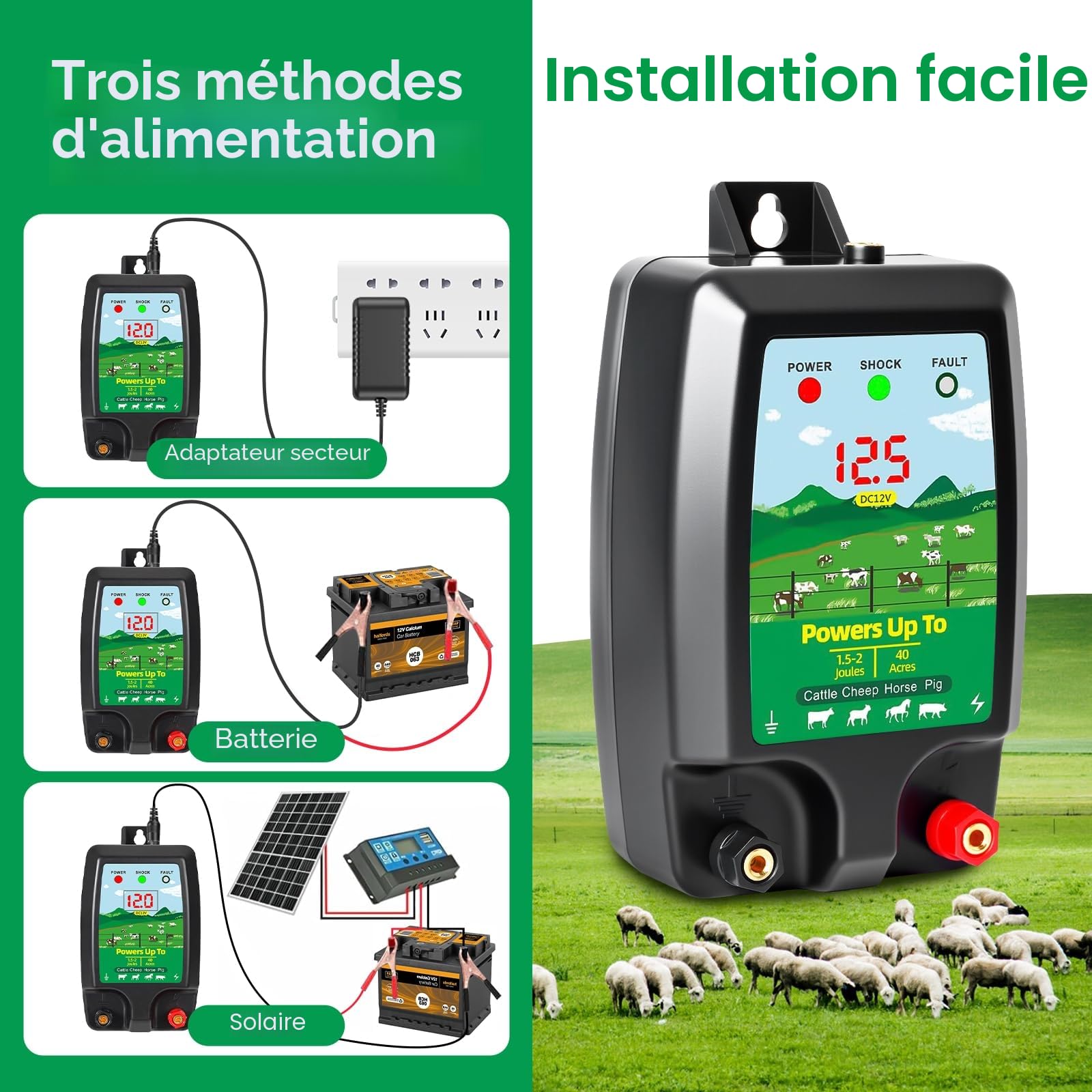 Dispositif de clôture électrique 12 V avec affichage LED, portée 15 km, 2 Joules, 12 kV, pour la protection des animaux de ferme, de la volaille, des pâturages et des jardins (B)