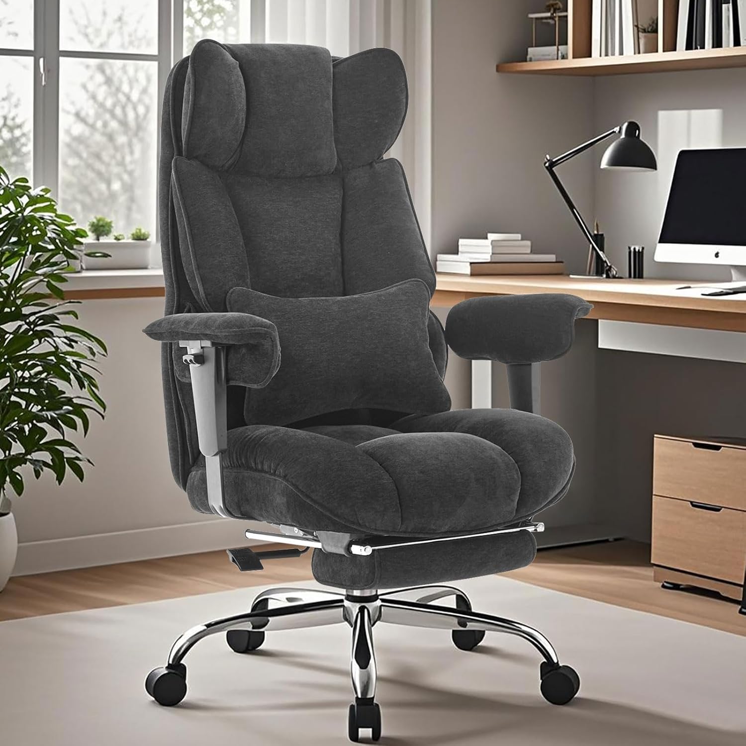 Efomao Executive Office Chair, Soft-Cushioned Computer Chair with Foot Rest, Fabric Home Office Desk Chairs, Big and Tall Office Chairs, Black - Thumbnail 2
