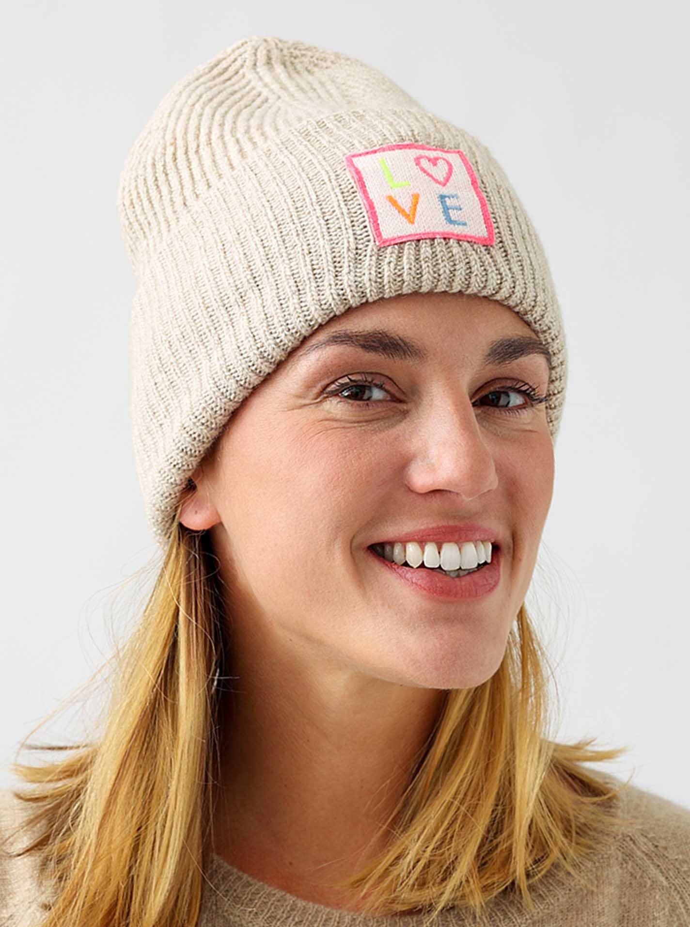 Zwillingsherz Slouch-Beanie-Mütze mit Kaschmir - Hochwertige Strickmütze mit Love Patch für Damen Mädchen Jungen - Hat - One Size - warm und weich für Frühling Herbst und Winter