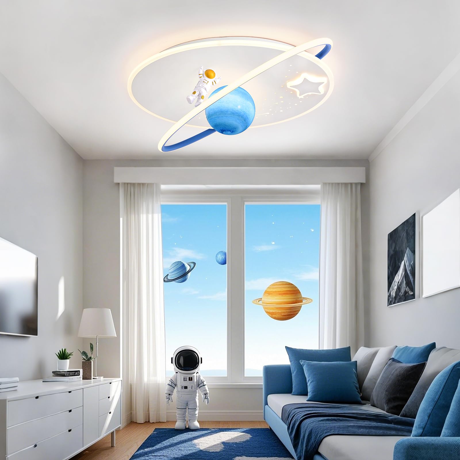 AHXIAOZN Lámpara LED Techo Niños, Lámpara Techo Astronauta 3D con Control Remoto, para Dormitorio de Niños y Niñas Lámpara Techo Regulable