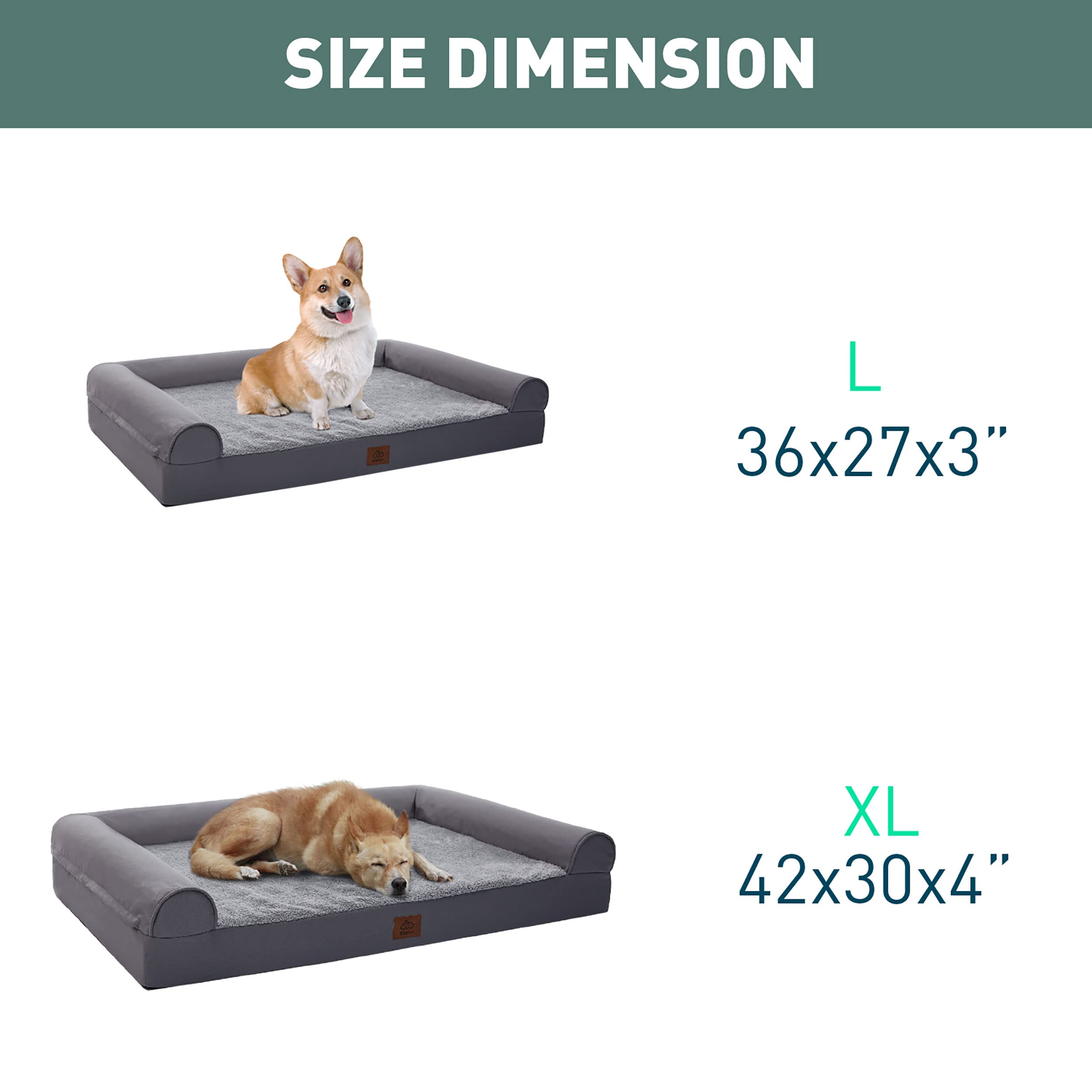 Eterish Large Orthopedic Dog Bed for Medium, Large Dogs up to 75 lbs, 3 inches Thick Egg-Crate Foam Bolster Dog Sofa Couch Bed with Removable Cover, Pet Bed Machine Washable, Grey