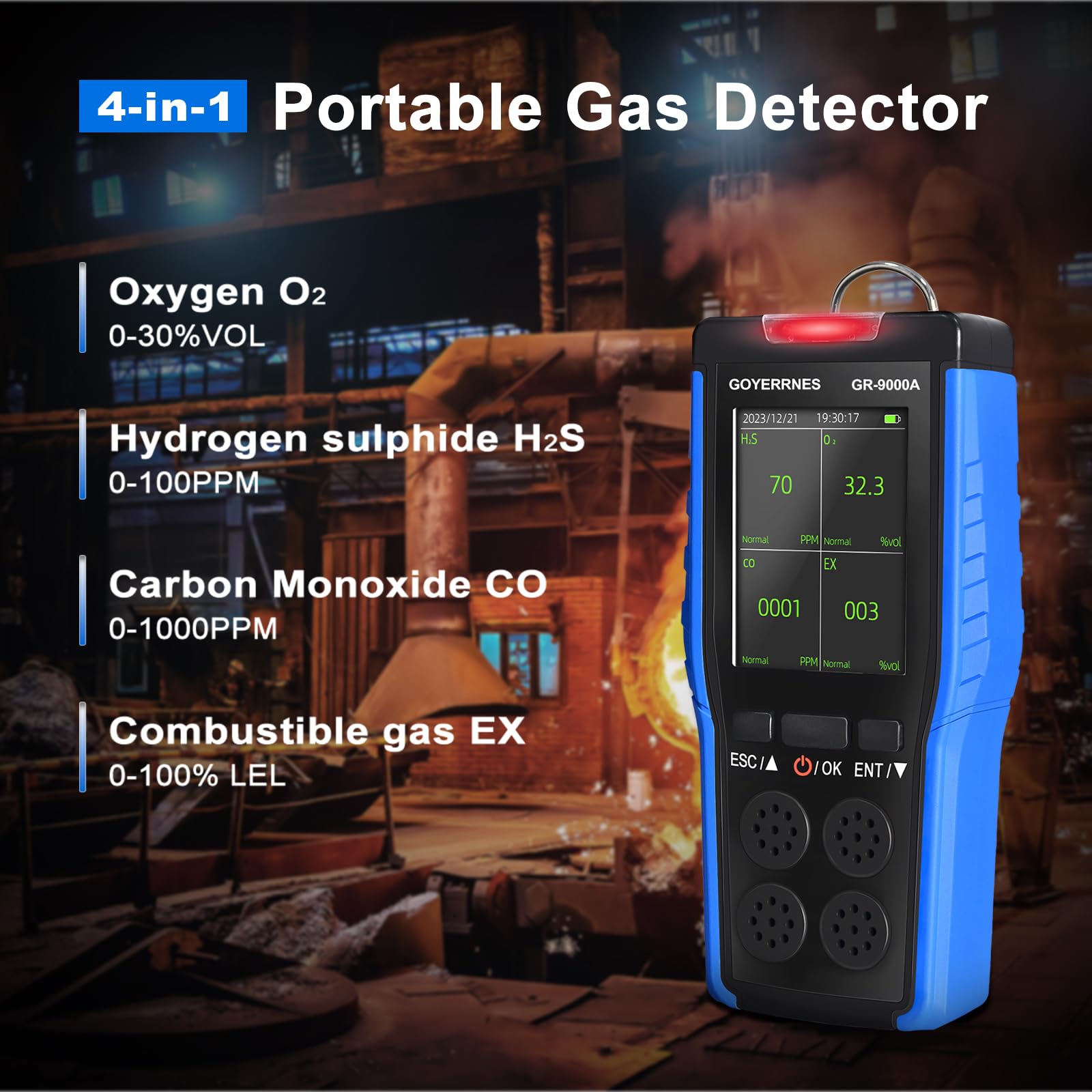 Rilevatore di gas 4 in 1 Rilevatore portatile della qualità dell'aria Ossigeno O2, idrogeno solforato H2S, monossido di carbonio CO, gas infiammabili EX Allarme Schermo LCD lampeggiante Memorizzazione