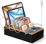 Multi Devices Charging Station, with USB Adapter and 6 Cables, Cord Organizer for Desk, Cell Phone Charger Dock to Management Cables and Power Strip, Desktop Cord Hider Box -Natural +White