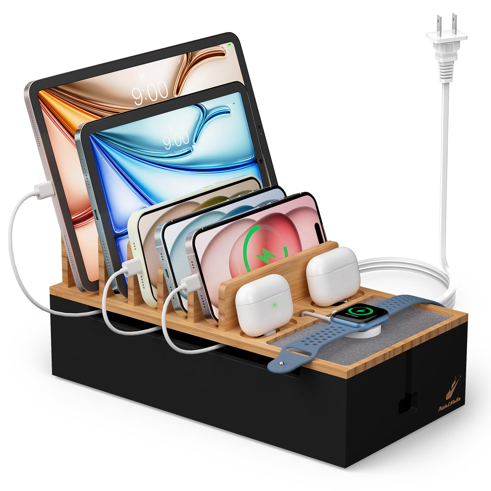 Pezin & Hulin Cable Management Box, Docking Station for Multi Devices, with 5 Ports Charge Adapter and 6 Cables, Wire Organizer for Cords, Box to Hide