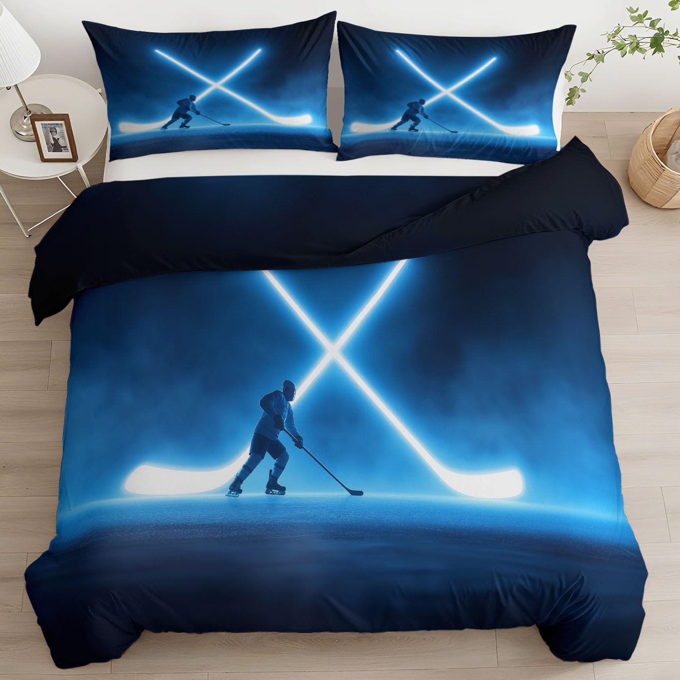 Housse de couette hockey sur glace cadeau idéal parure de lit 2 personnes bleu pour jeune joueur