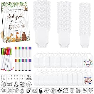 Panitay 100 Pcs Blank Bib Bodysuit Baby Shower Set Baby Shower Sign Blank Feeder Bib DIY Bodysuit Fabric Colorful Marker(Woodland)