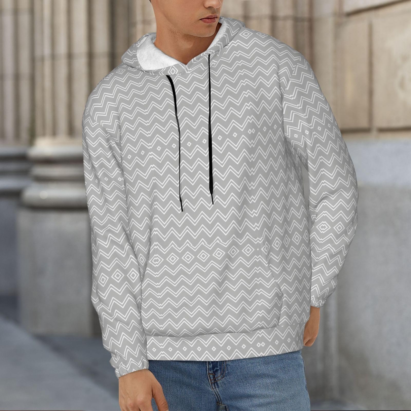 Męska bluza z kapturem w szare paski, swobodny nadruk graficzny sweter z kapturem koszule z kieszenią