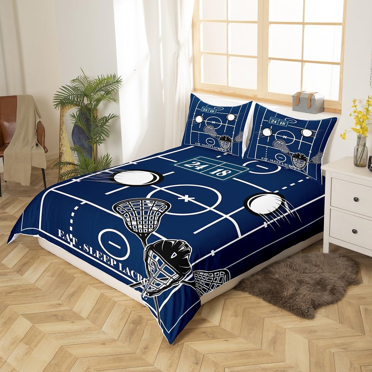 Feelyou Lacrosse Comforter Cover Set King Size Eat Sleep Lacrosse Bedding Set for Boys Girls Children Ball Sports Theme Blue Bedding Duvet Cover Set Room Decorations Bedspread Cover 3Pcs,No Stuffing