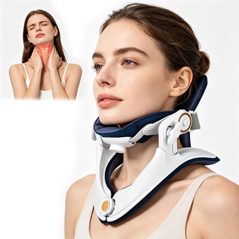 Neck Support Brace ＆Neck Stretcher，Adjustable Cervical Traction Corrector (White)