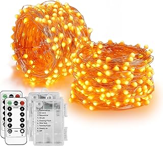 Homemory 2 Pack 33Ft 100 LED Halloween Fairy String Lights, Battery Operated Fall Lights with Remote Waterproof 8 Modes Firefly Twinkle String Lights for Party Thanksgiving Decorations, Orange