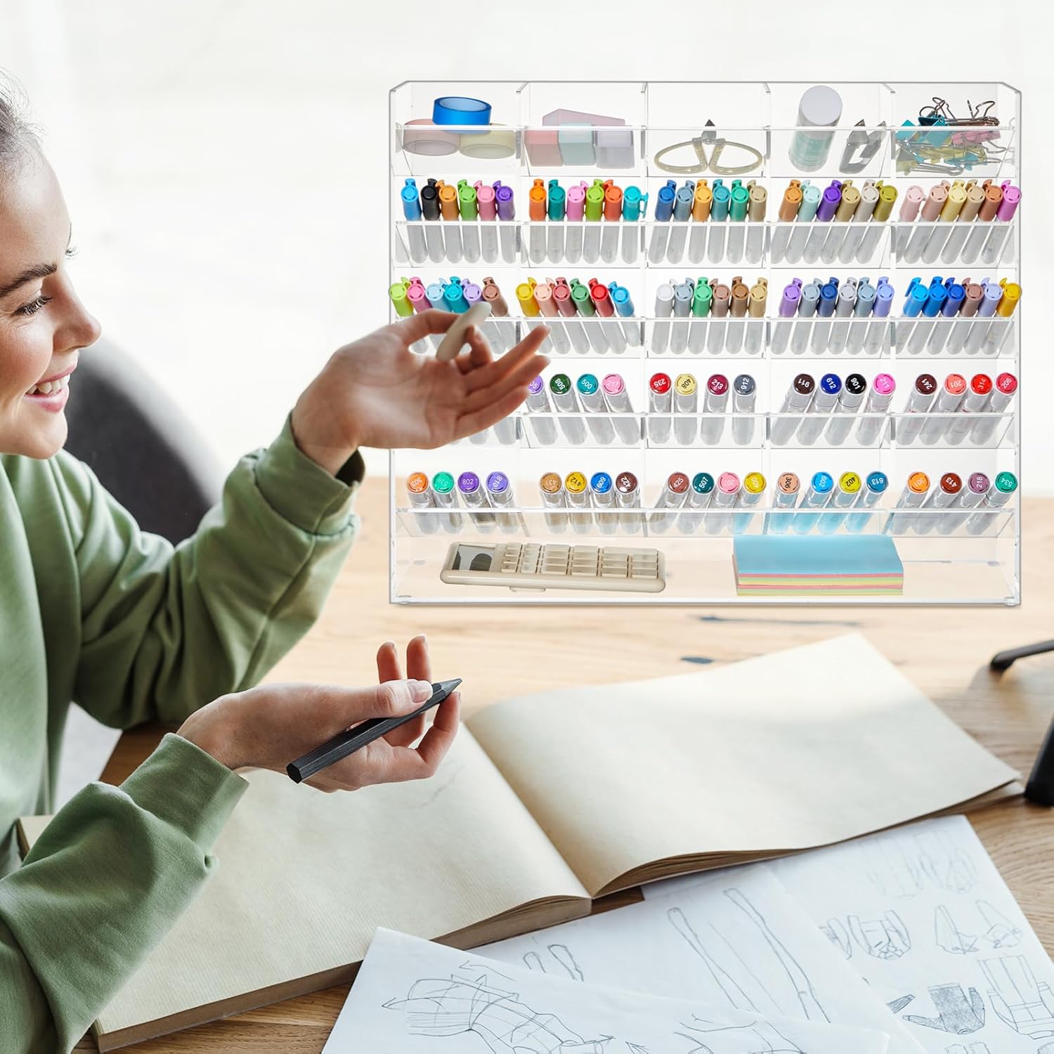 MotiMind Acrylic Pen Organizer Storage for 300 Markers Vertical Marker Organizer Acrylic Pen Display Holder for Office Desk Desktop Stationery Pencil Storage, Clear, 15 x 4 x 12.4 Inch