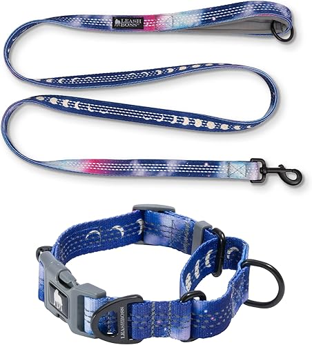 Leash Boss Collar reflectante con estampado Martingale y correa de 6 pies con asas acolchadas, cuello mediano de 14.5 a 17 pulgadas, patrón espacial