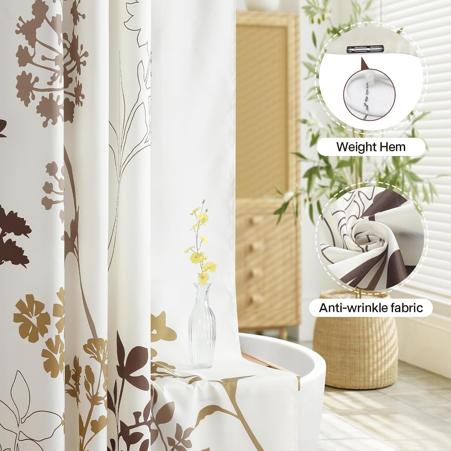 Floral Fabric Shower Curtain,Brown and Beige Curtains Printed Tan and Yellow Plants Farmhouse Decorative for Bathroom,72" W x 72" H