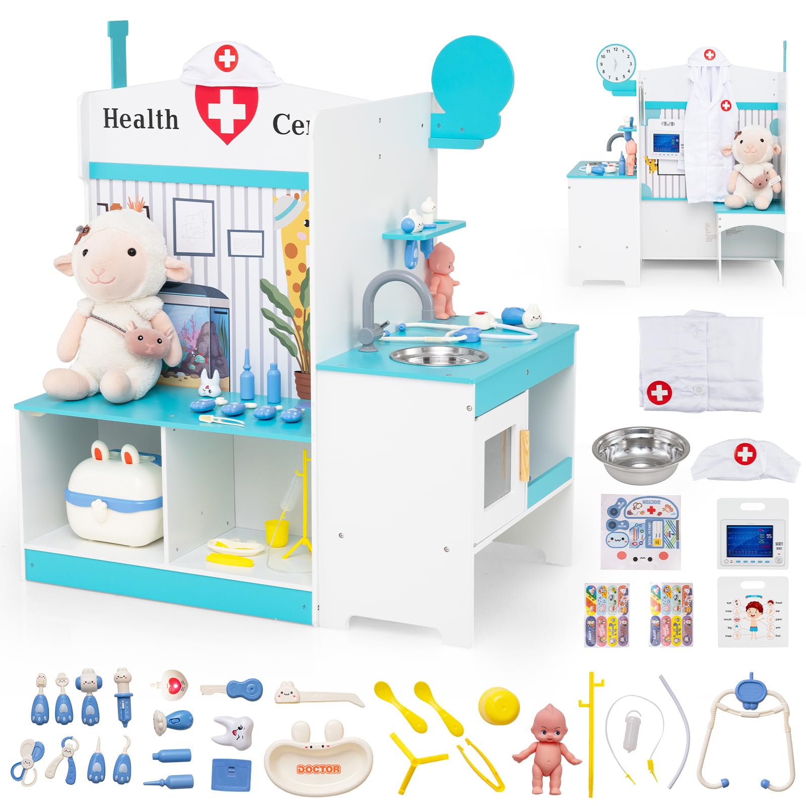 DREAMADE Doktor Spielset Holz, Krankenhaus Spielzeug für Kinder | Arztkoffer Arzt Rollenspielzeug mit Untersuchungszimmer & Waschbecken, Medizinisches Zentrum mit Check-in & Wartebereich