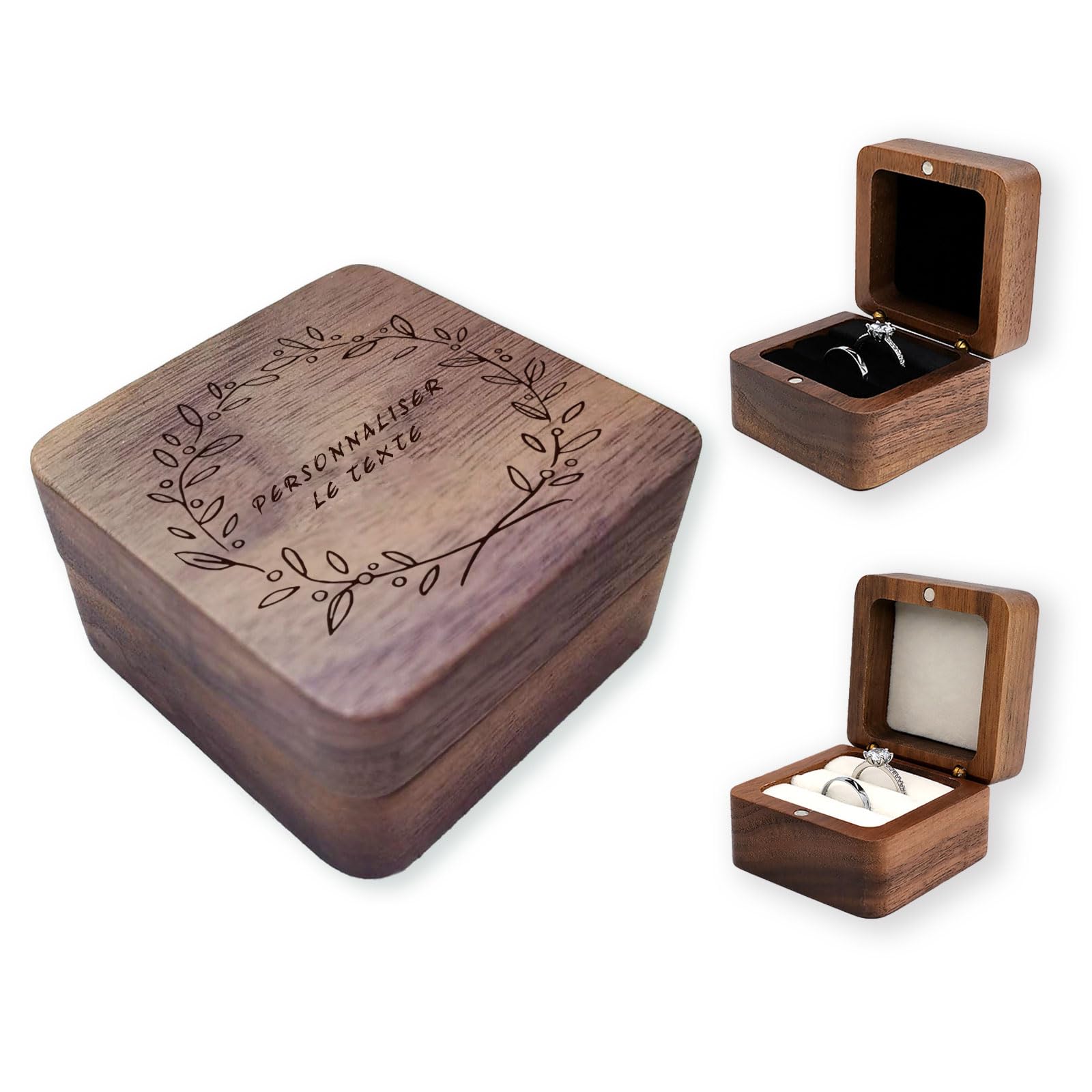 Boîte à bagues en bois gravée boîte personnalisée texte et design fiançailles mariage