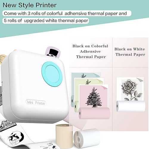 Miniatura 5 de Mini impresora portátil, impresora adhesiva sin tinta con 8 rollos de papel, mini impresora térmica inalámbrica Bluetooth, cápsula de impresión