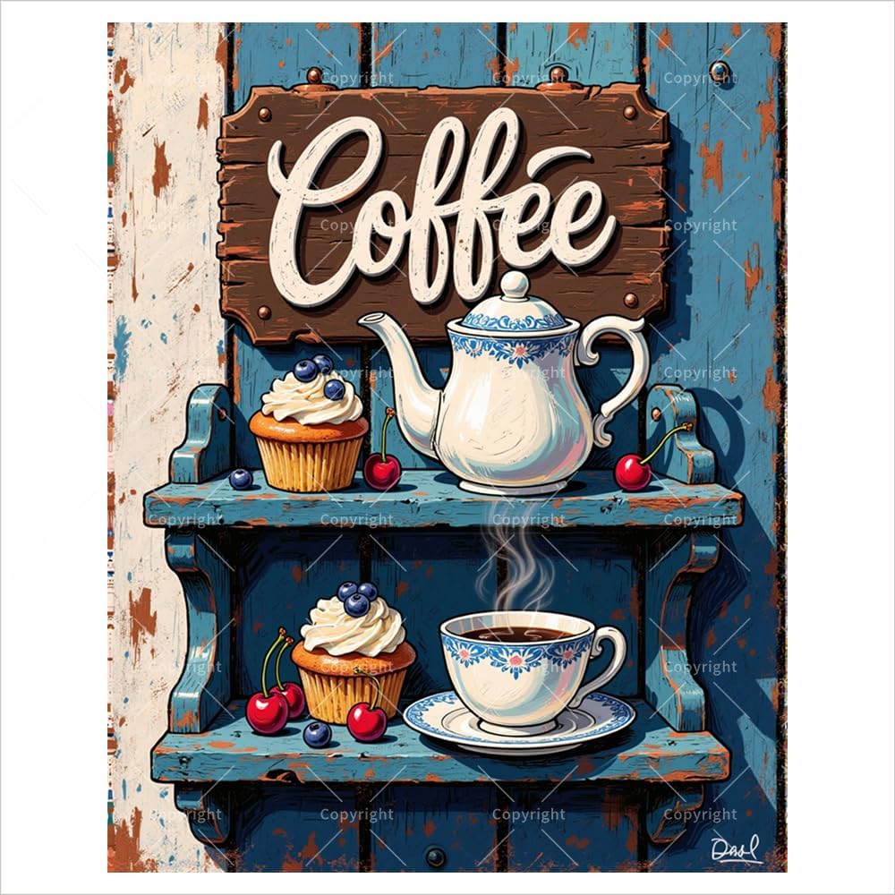 Sceorixa Coffee Shelf Paint By Numbers Kit for Adults – DIY Cupcakes and Teapot- Wall Art Painting On Canvas 16X20 Inch, Paint Set, Suitable for Beginners, Art for Home Decoration Or Gifts, Unframed