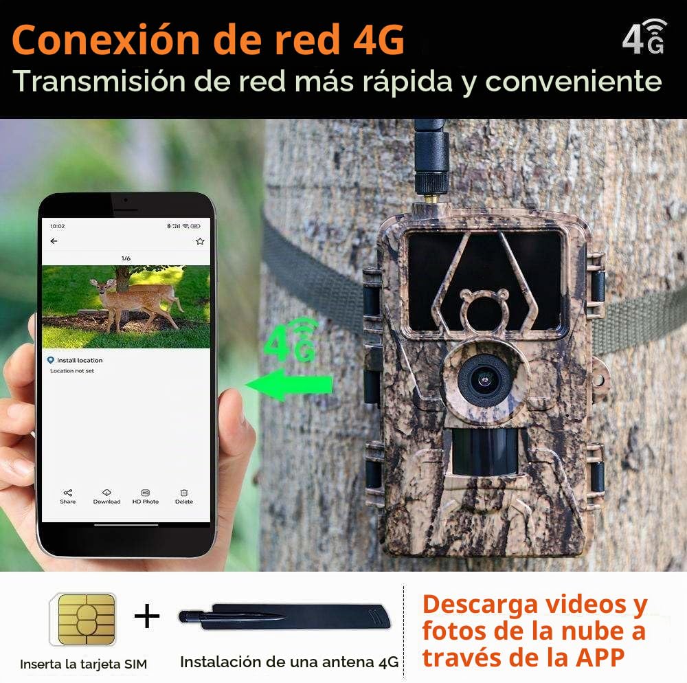 Cámara Fototrampeo 4G App 8K 60MP | Cámara Caza con SIM Envío de Fotos con Aplicación | Cámara Caza Nocturna 940nm IR LED | Tarjeta TF de 32 GB | Tarjeta SIM