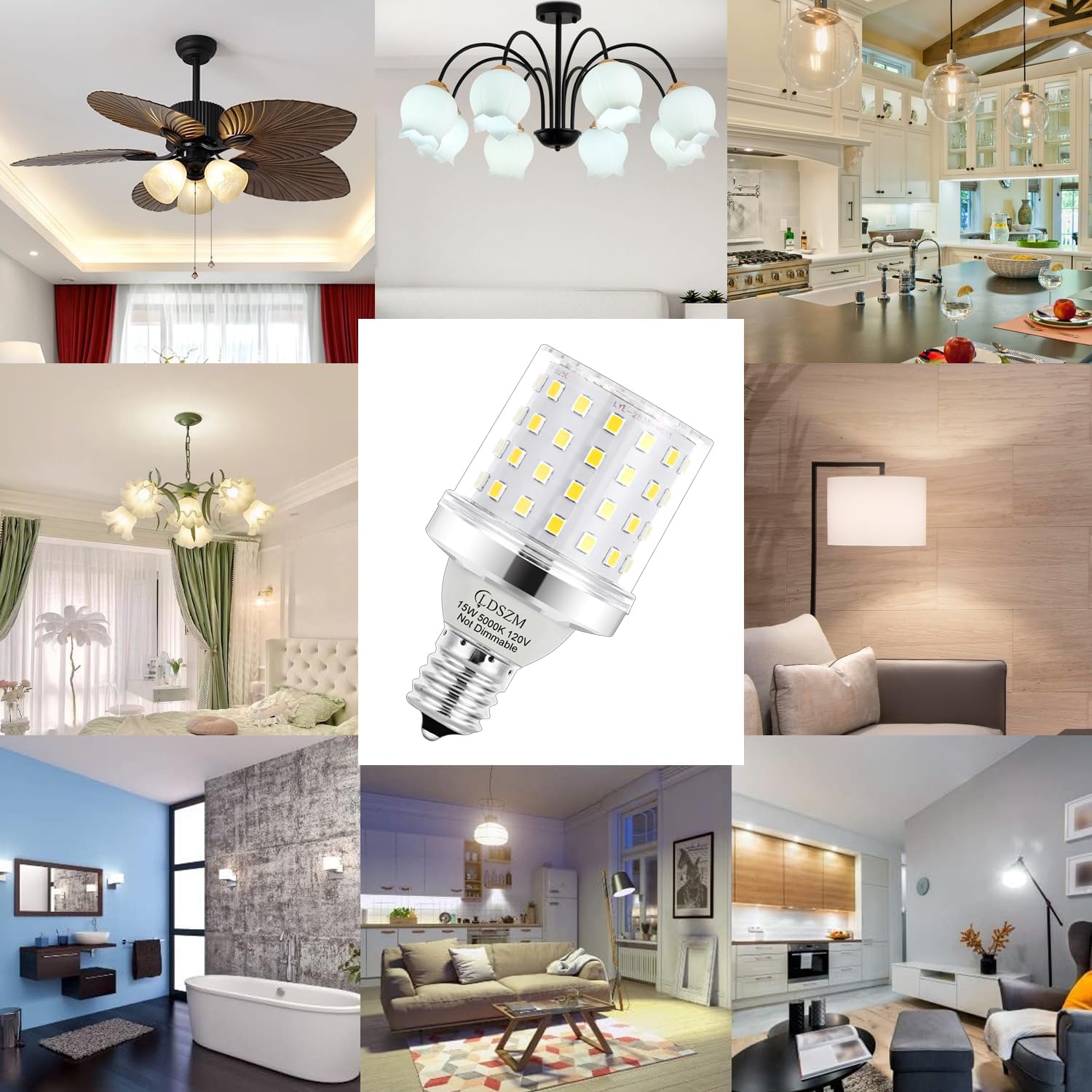 E17 Super Bright LED Bulb,15W Intermediate E17 Base LED G14 Bulbs,120 Watt Equivalent 1200lm 5000K Daylight Ceiling Fan Light Bulbs, Non-Dimmable Chandelier Light Bulb, Pack of 4