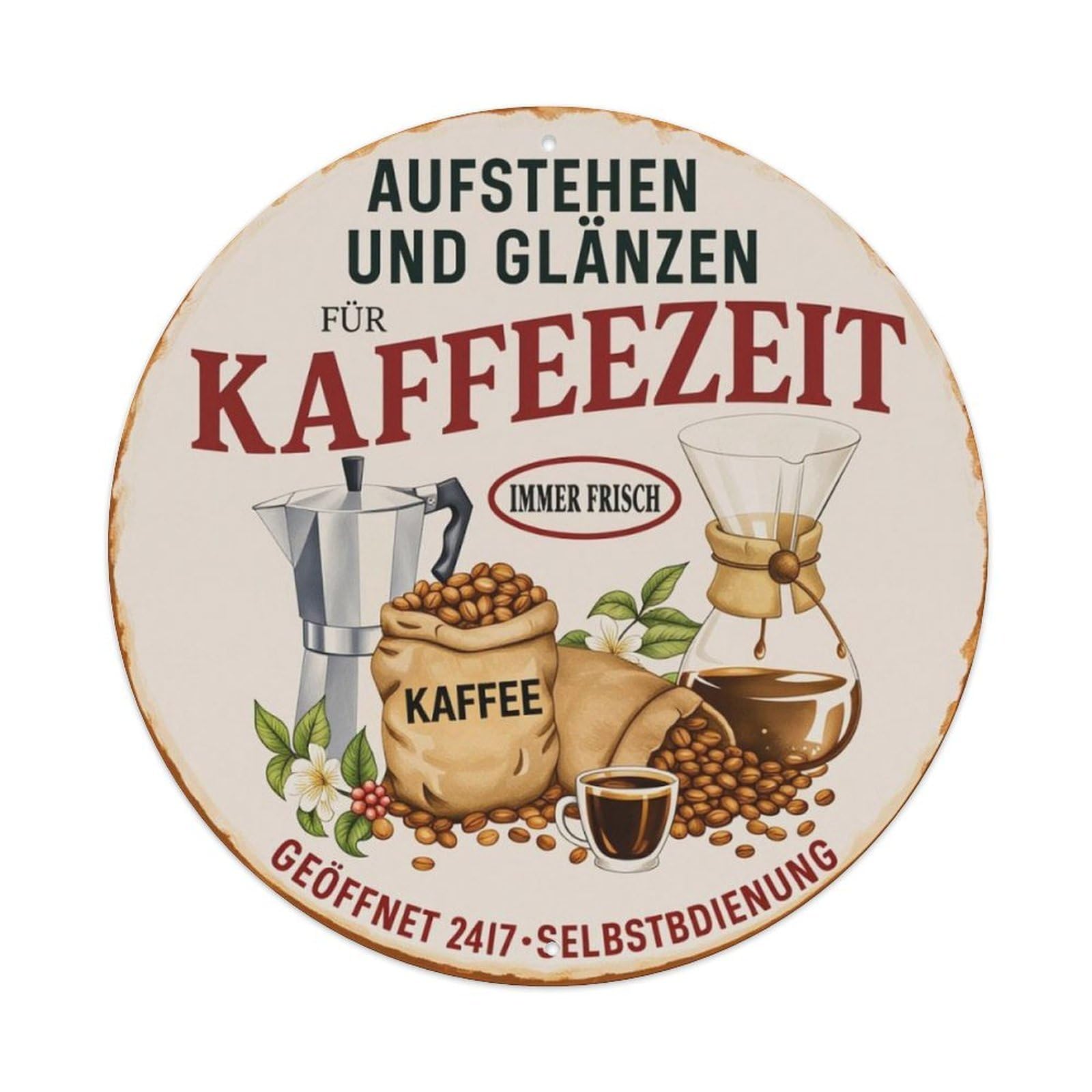 German Coffee Time Vintage Round Metal Tin Wall Decor Sign Vintage Aluminium Metal Sign, Retro Wall Decor for Home, Bar, Garage & Farmhouse 20x20cm