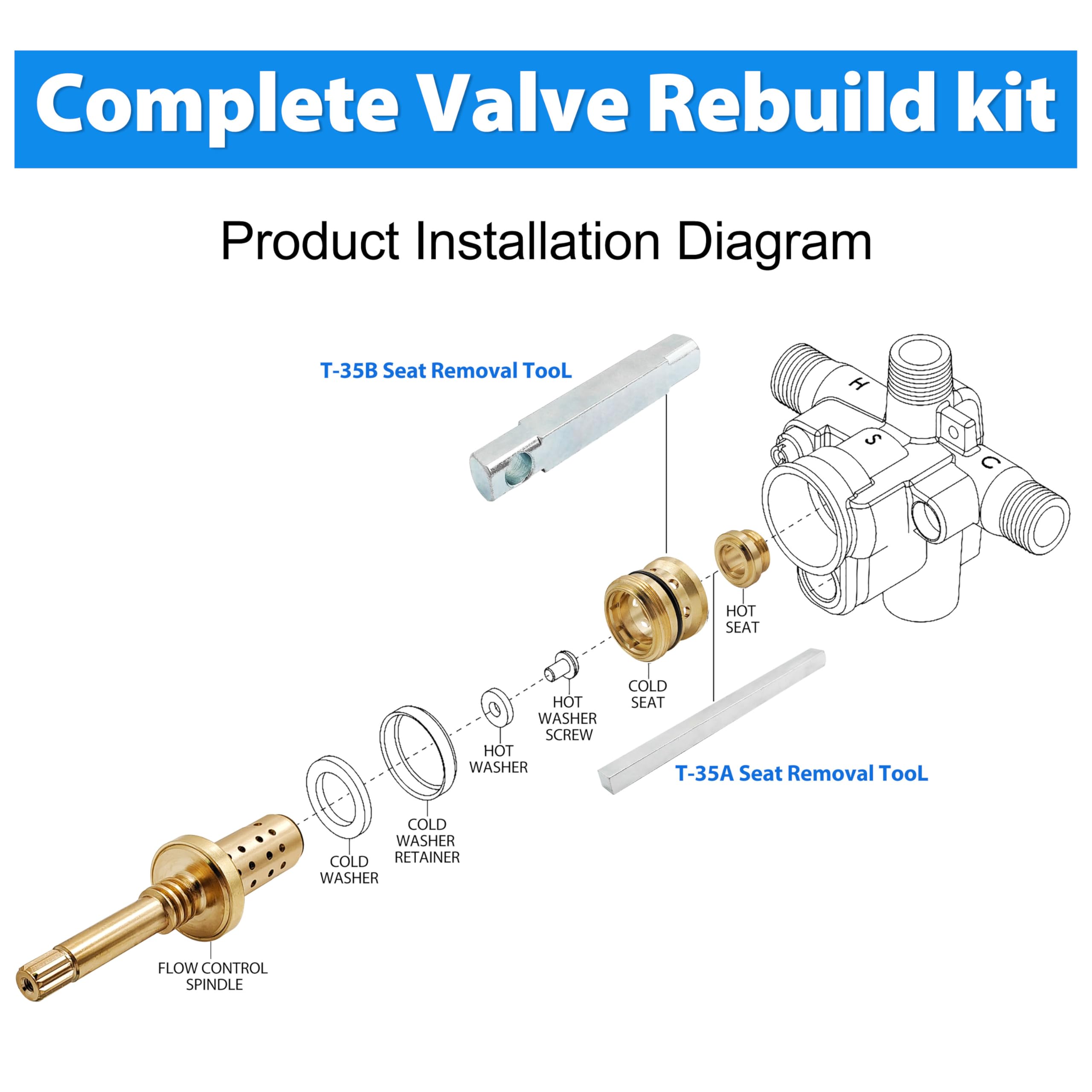 REB Kit completo de reconstrucción de válvula para válvula Symmons Temptrol, con ajuste automático y equilibrio de presión de agua caliente y fría