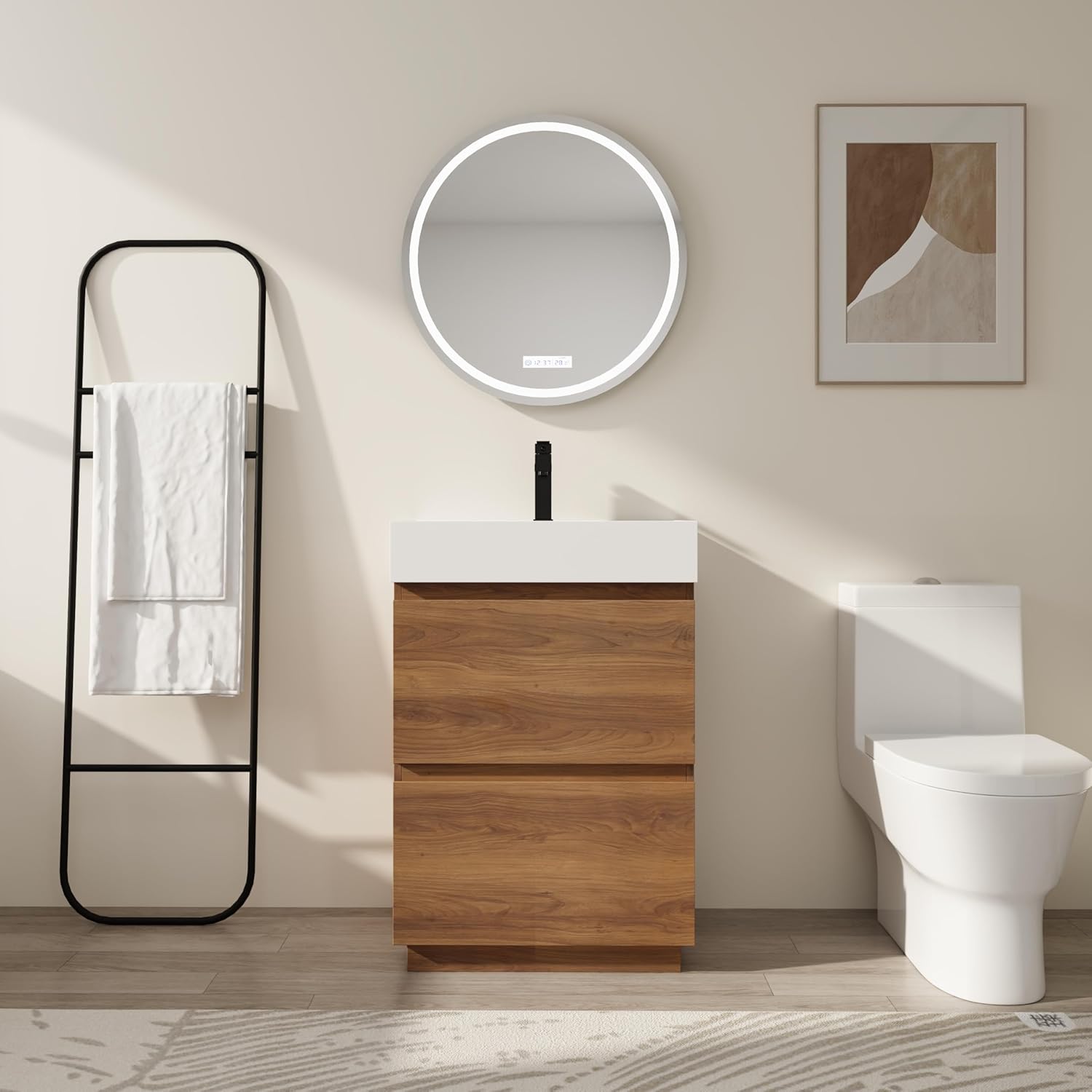 Bathroom Vanity with Sink, 24" Freestanding Bathroom Sink Cabinet, Resin Basin & Double Drawer, Engineered Wood Bathroom Vanity Cabinet for Small Place