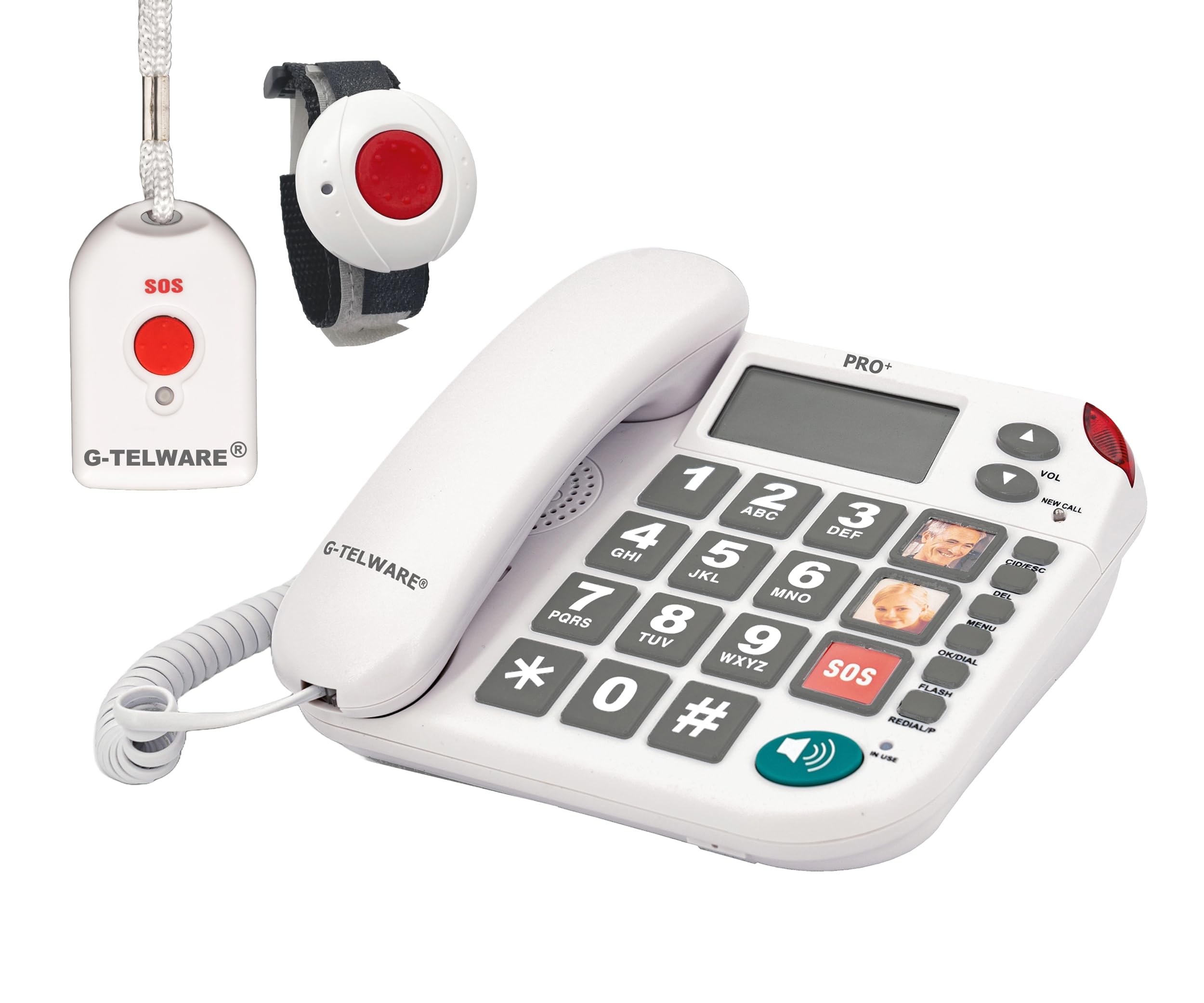 PRO+(G-TELWARE®) - Seniorentelefon Festnetz mit Notfallarmband | mit Notruf-Kette für garantierte Erreichbarkeit | Hausnotruf für Angehörige - mit SOS Armband und Notrufknopf für Senioren