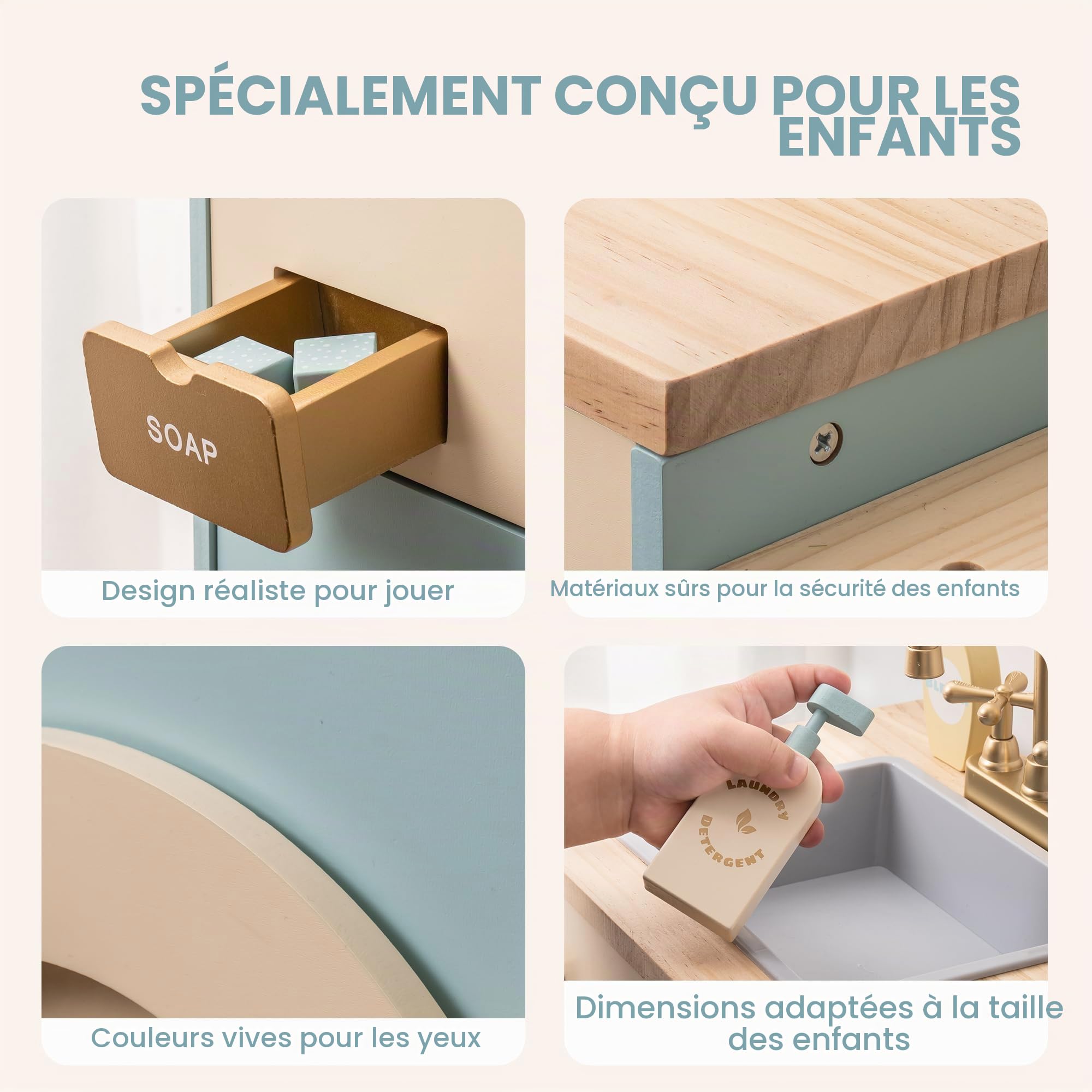 ROBUD Machine à Laver en Bois pour Enfants avec Panier à Linge, Planche à Repasser, détergent et Plus Encore. Convient aux Enfants à partir de 3 Ans.