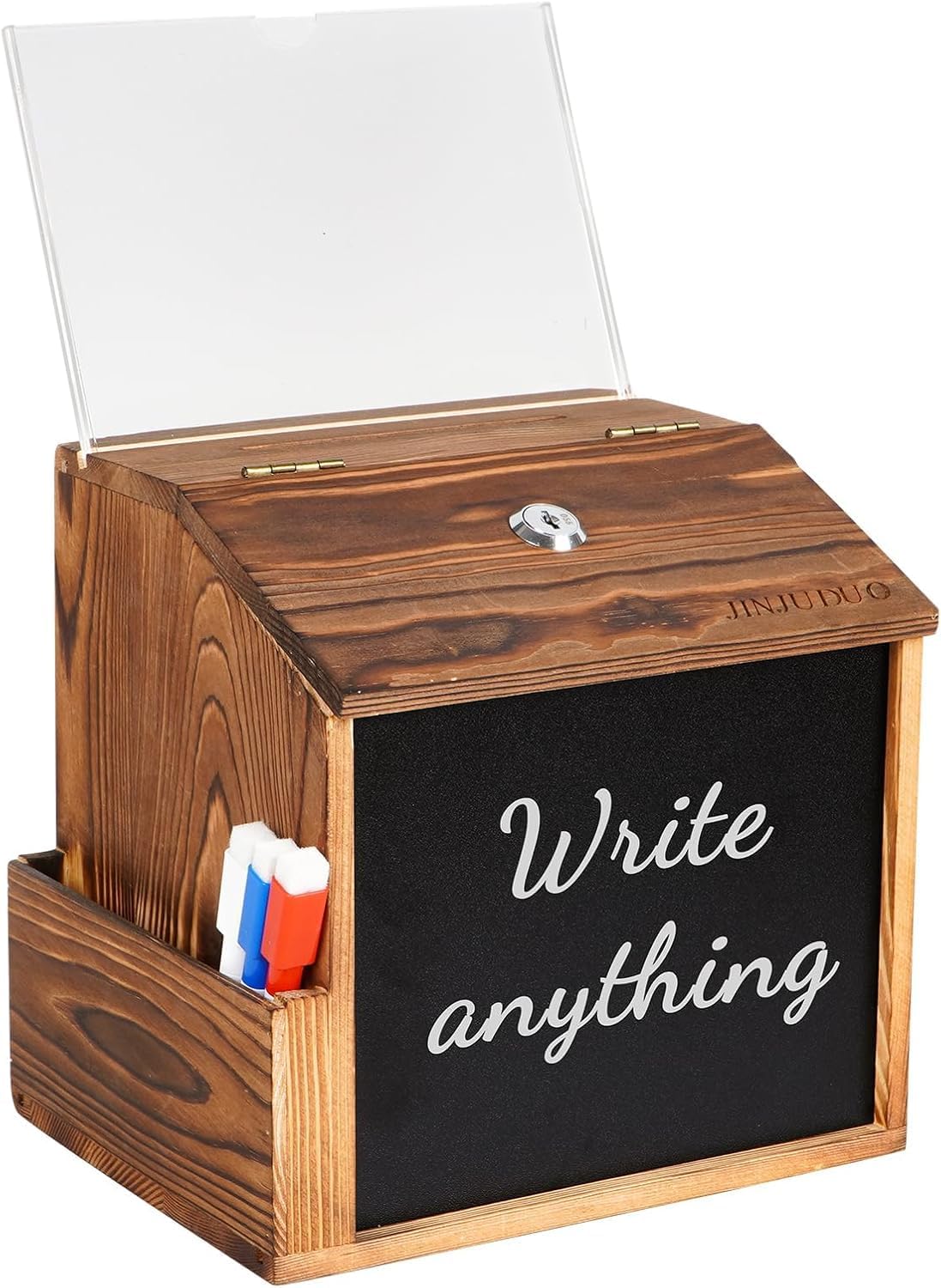 Wood Suggestion Box with Lock & Keys, Locking Donation Box with Removable Chalkboard & Acrylic Sign Holder - Wall Mounted Prayer/Comment Boxes for Church, Office, Wedding