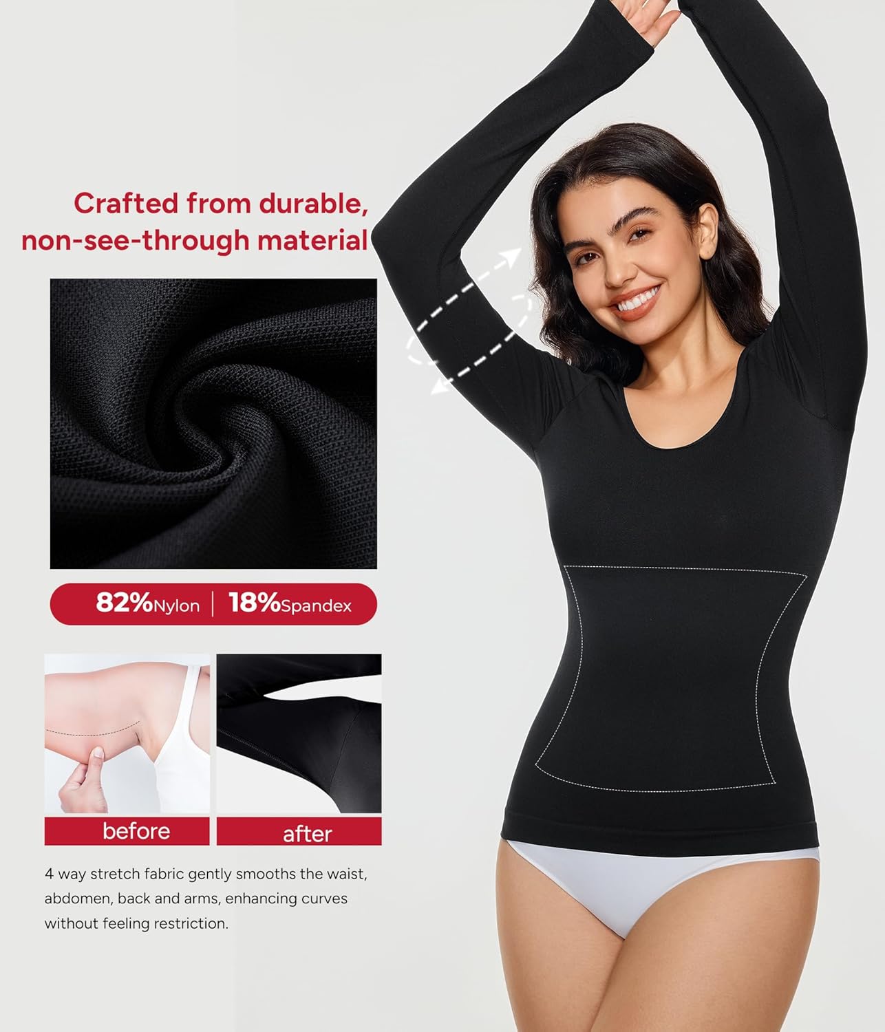 Nebility Tummy Control Shaperwear for Women Long Sleeve T Shirts Compression Tank Tops Scoop Neck Seamless Body Shaper - Image 4