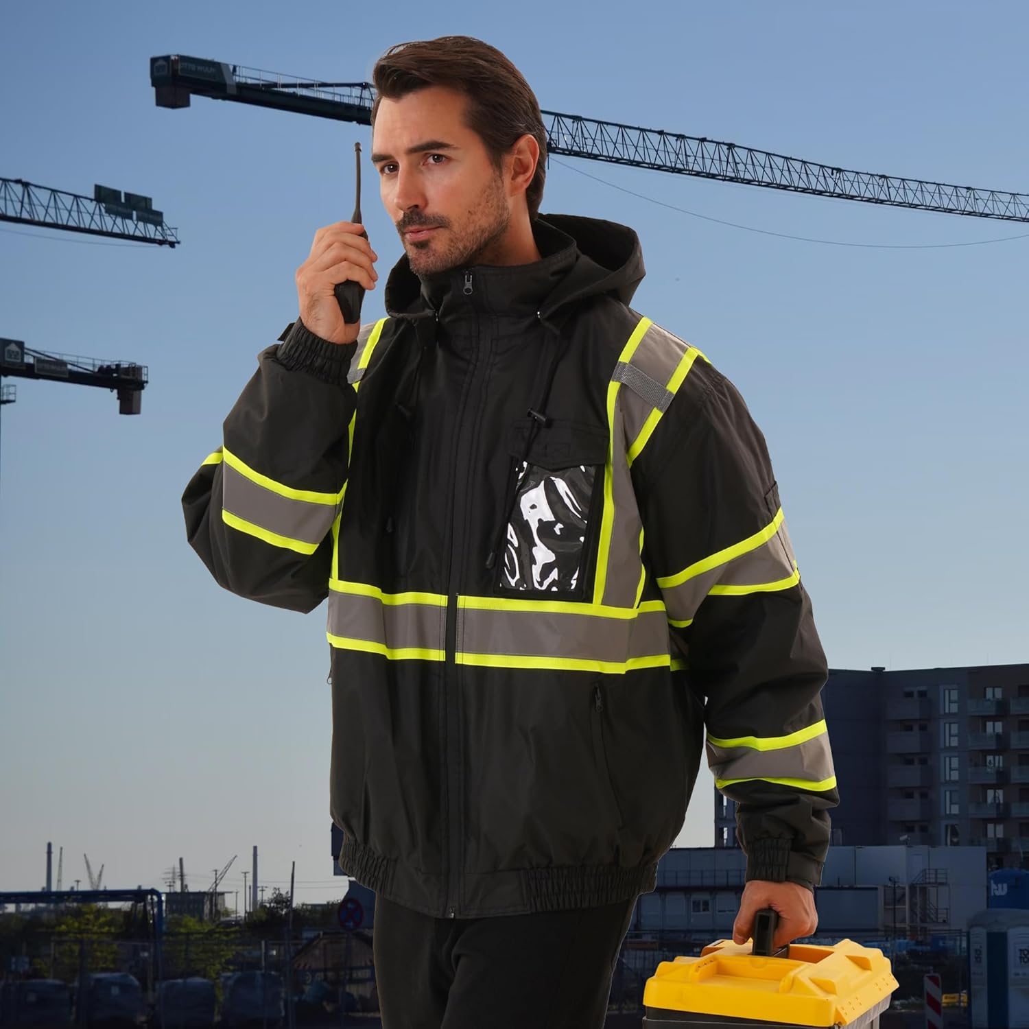 Hi Vis Safety jacket for men,Reflective high Visibility Hooded jacket,Work Bomber Jacket with Pockets and Zipper,Waterproof,ANSI Class 3 Black,XL - Image 3