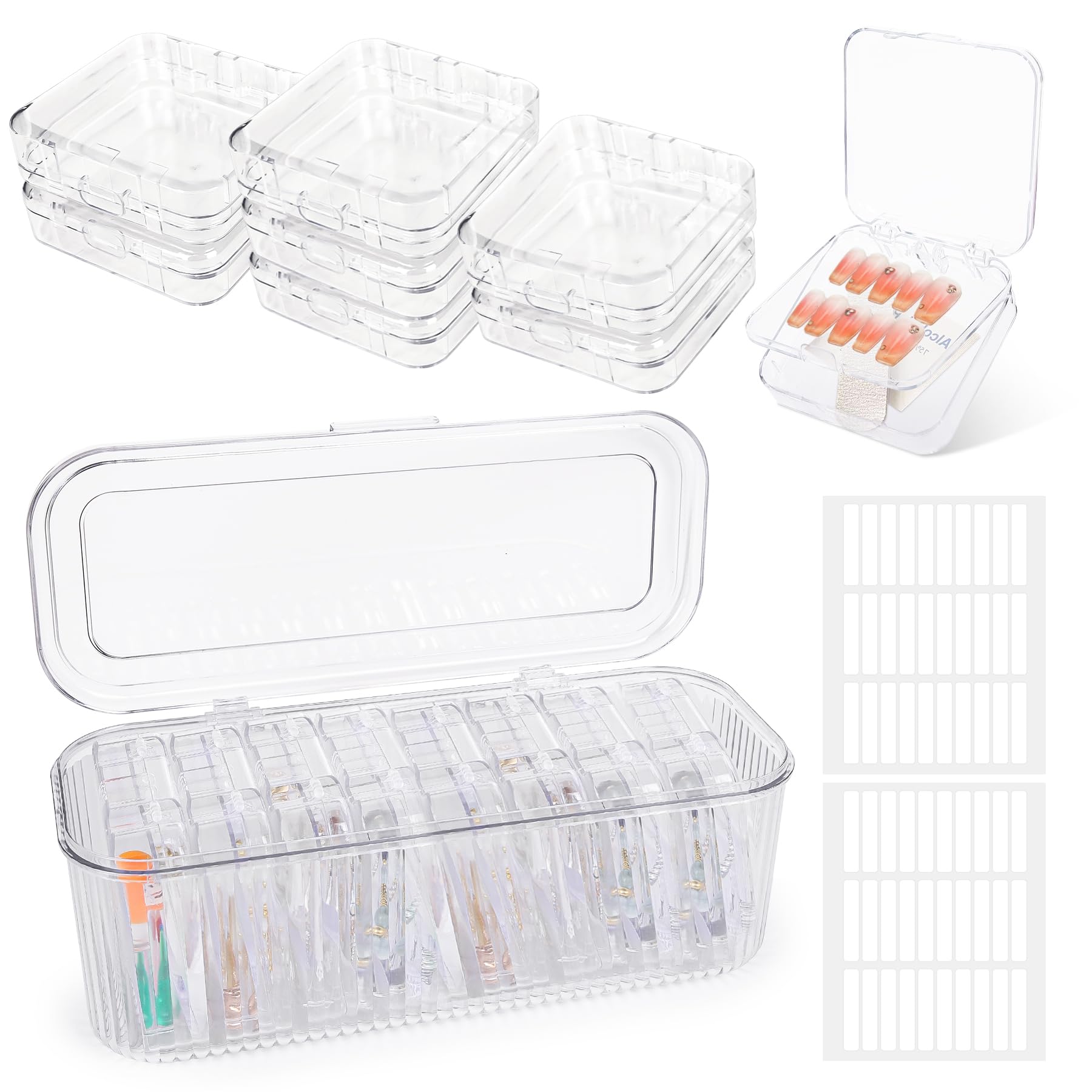 Rangement faux ongles acrylique double couche avec 8 boîtes d'emballage et adhésifs