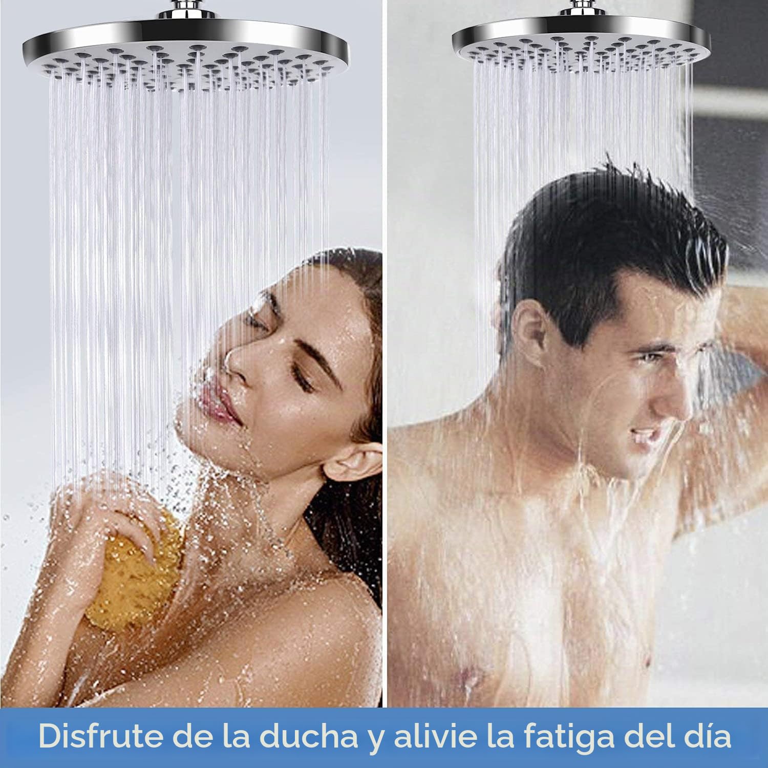 Alcachofa de ducha redonda de 20cm con efecto lluvia, ajustable, ahorro de agua con boquillas antical, cabezal de ducha de cascada de acero inoxidable, diámetro de 20 cm, Plata