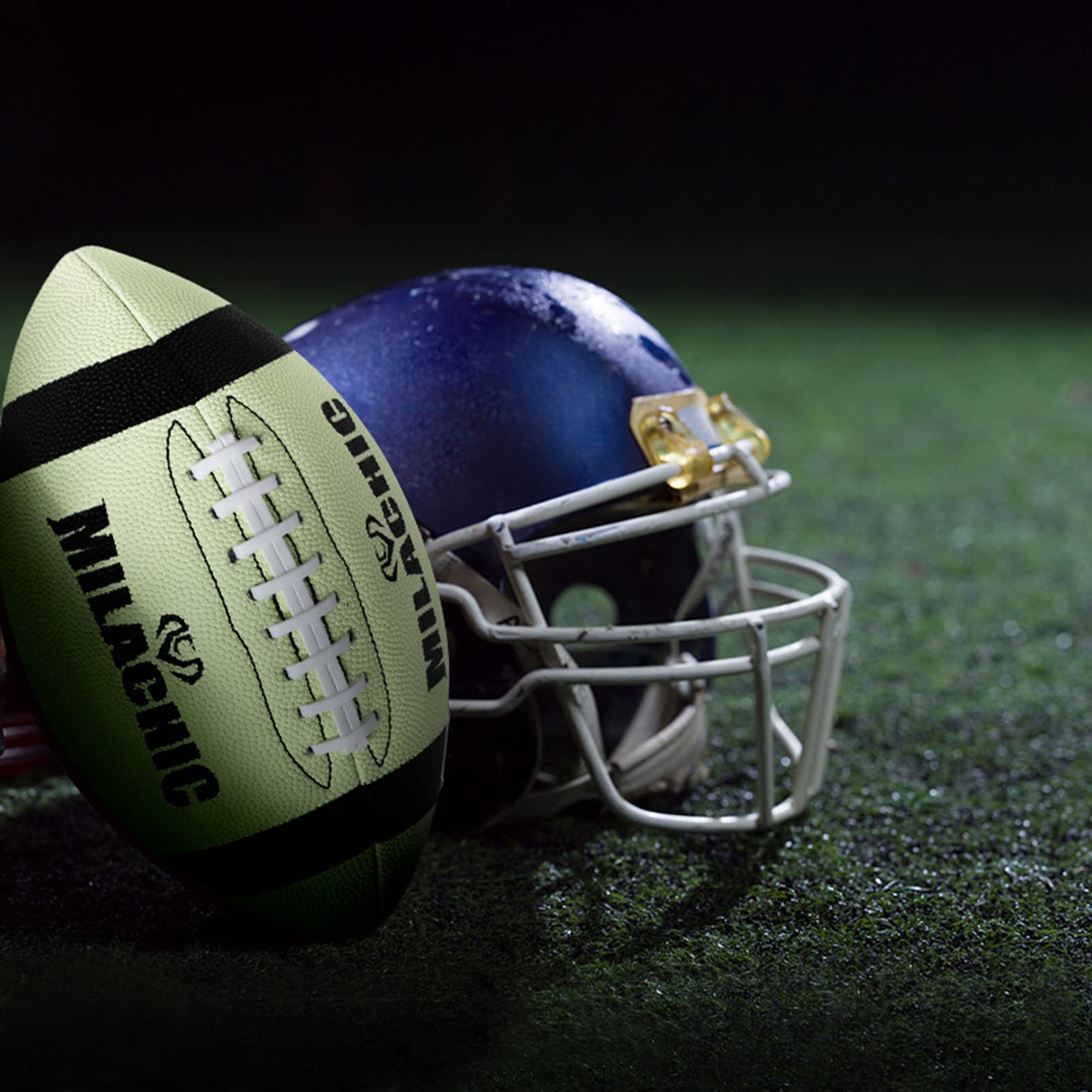 Balón de Rugby Personalizable Luminiscente, Cuero Sintético, con Inflador y Bolsa de Transporte, Brilla en la Oscuridad