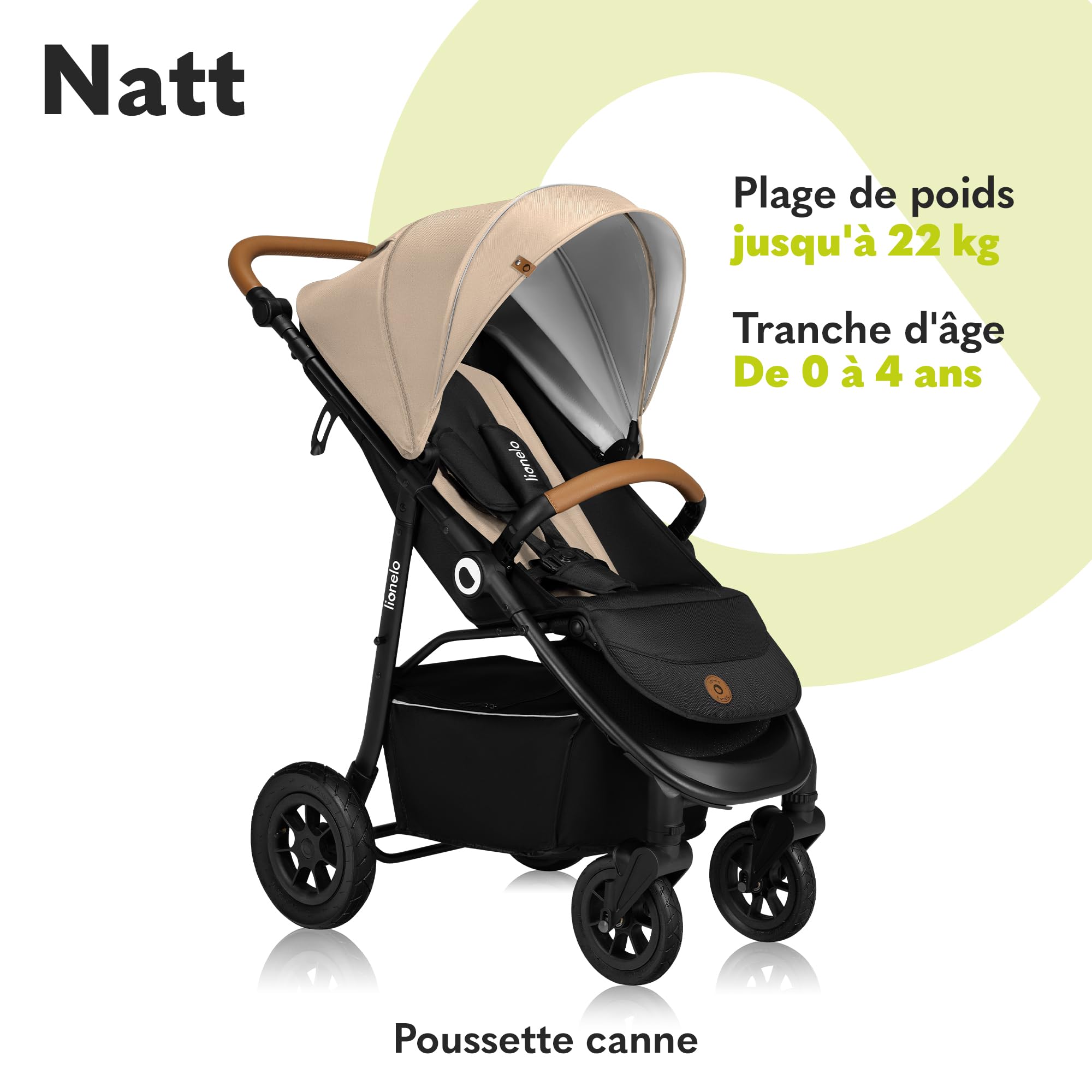 LIONELO Natt Poussette Canne Bébé jusqu’à 22 kg, Réglages de la Poignée et du Dossier jusqu'à la Position Allongée, Ceintures de Sécurité à 5 points, Grandes Roues Tout-terrain Auvent XXL (Beige)