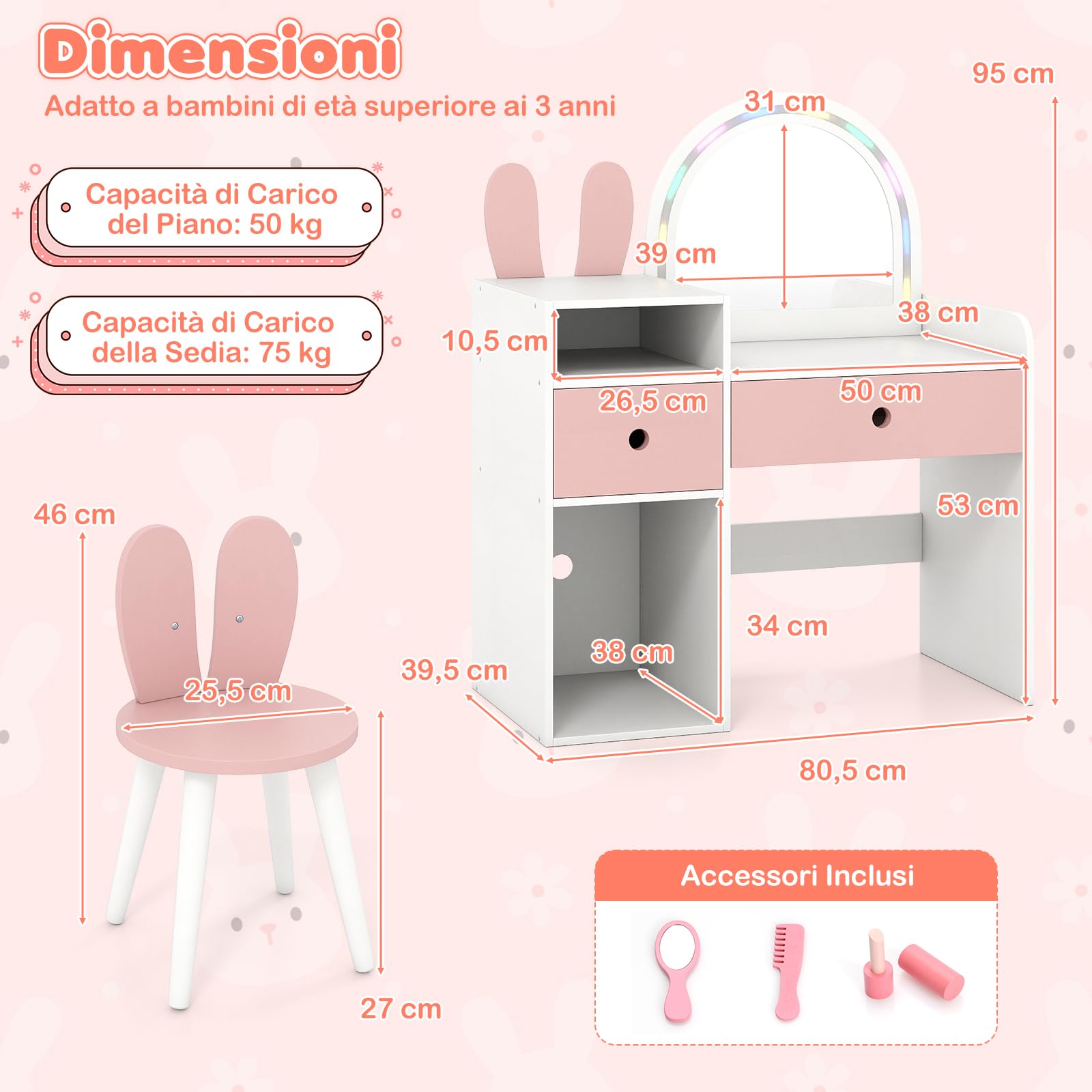 COSTWAY Toeletta Trucco per Bambina 3+ Anni con Sgabello, Tavolo Trucco in Legno Sicuro con Specchio Illuminato, Scaffali Aperti e Cassetti, Set Mobile da Principessa per Cameretta Bambina (Bianco)