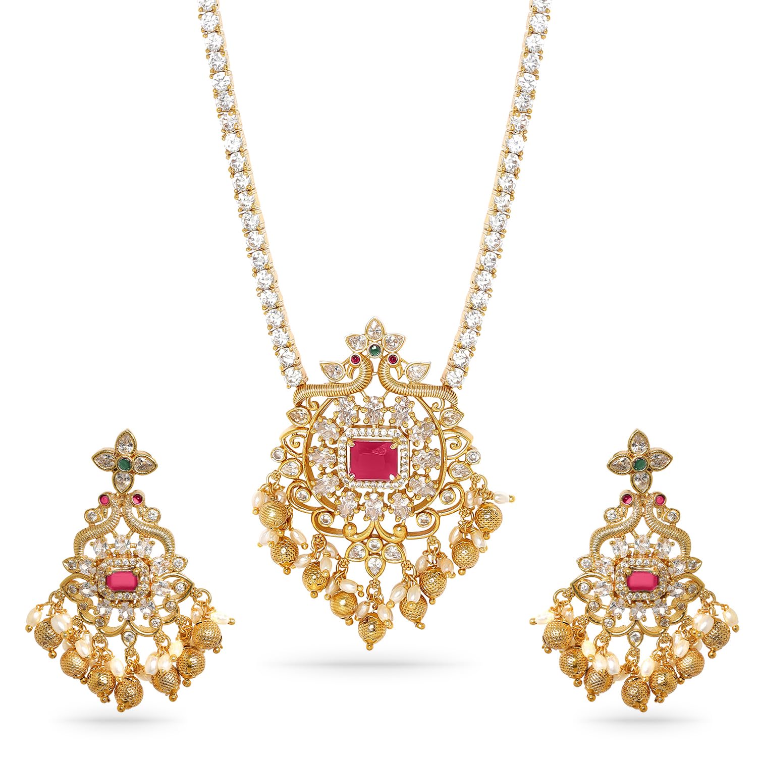 rubans Womens 22K Gold Plated Ruby & Cubic Zirconia Studded Jewellery Set with Gold & Pearl Beads - Ideal for Weddings & Special Occasions-picture-45