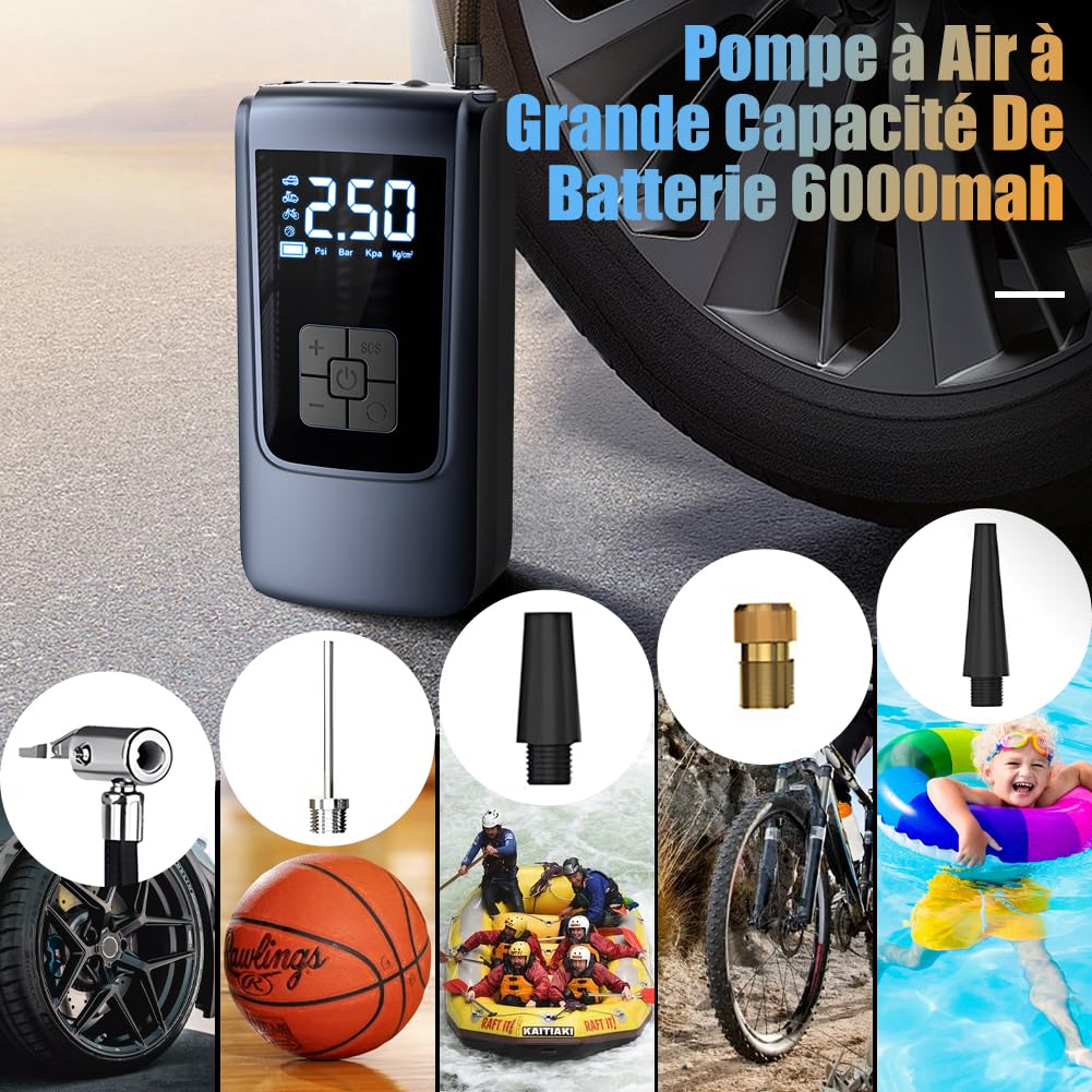 MOMOTOU Pompa ad aria elettrica, 6000 mAh, batteria ricaricabile, 150 PSI, compressore d'aria portatile, con schermo LCD, per bicicletta, moto, auto, palla, come torcia e power bank