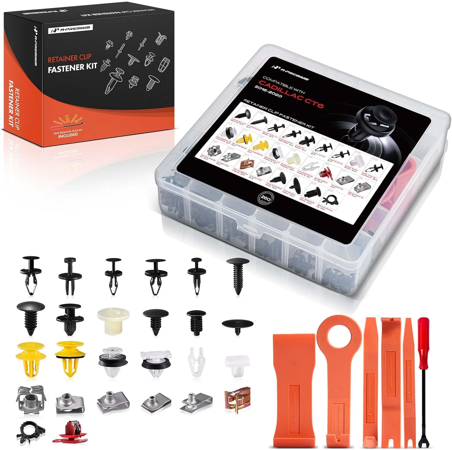 A-Premium 260PCS Bumper Retainer Clips Plastic Rivets Push Retainer Kit 26 Sizes 52.48oz Fender Door Weatherstrip Clips Compatible with Cadillac CT6 2016-2020, w/Removal Tool