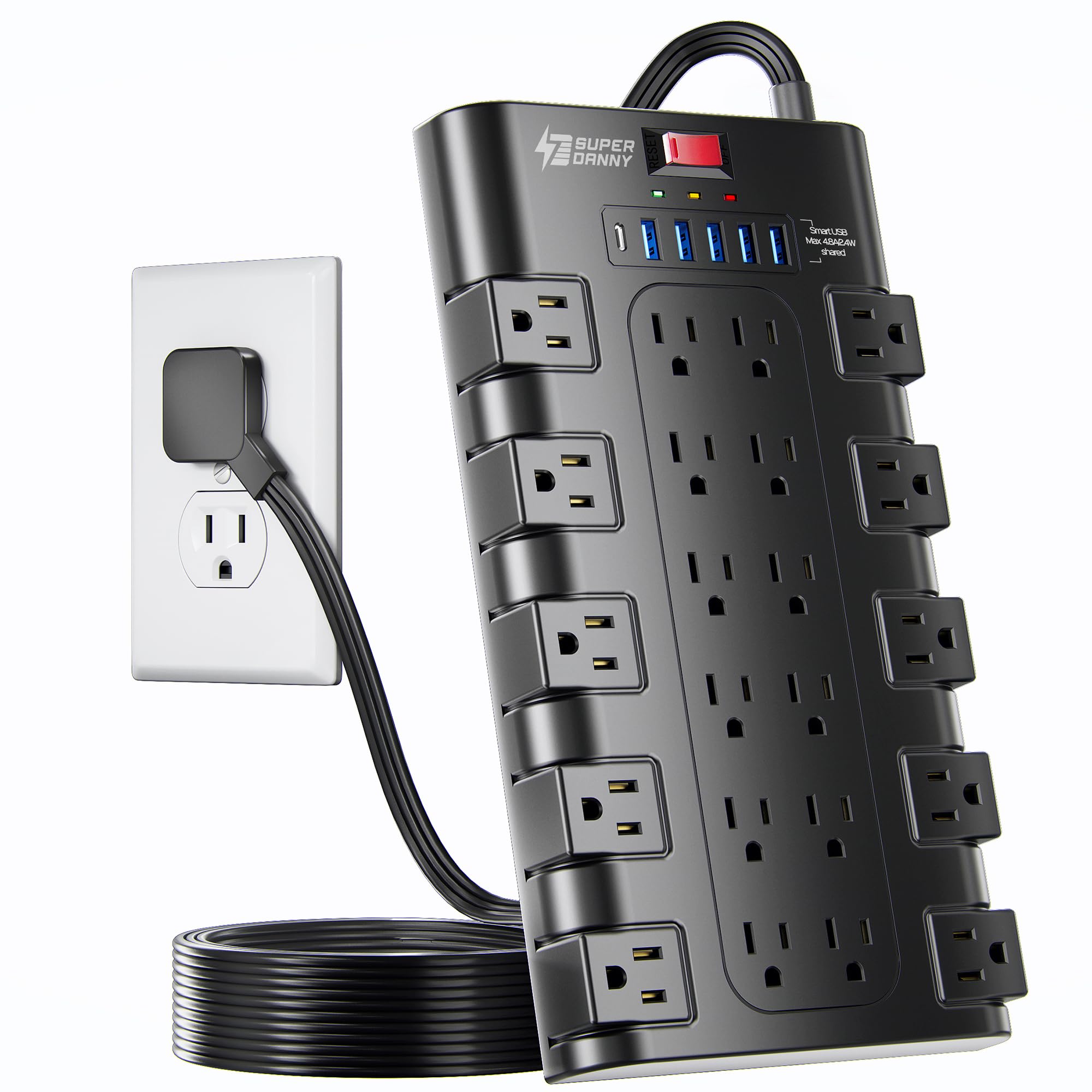 Flat Plug Power Strip, SUPERDANNY Surge Protector with 22 AC Outlets and 6 USB Charging Ports, 1875W/15A, 2100 Joules, 6.5Ft Heavy Duty Extension Cord for Home Office, Dorm, Gaming Room, Black Black Flat Plug-6.5ft
