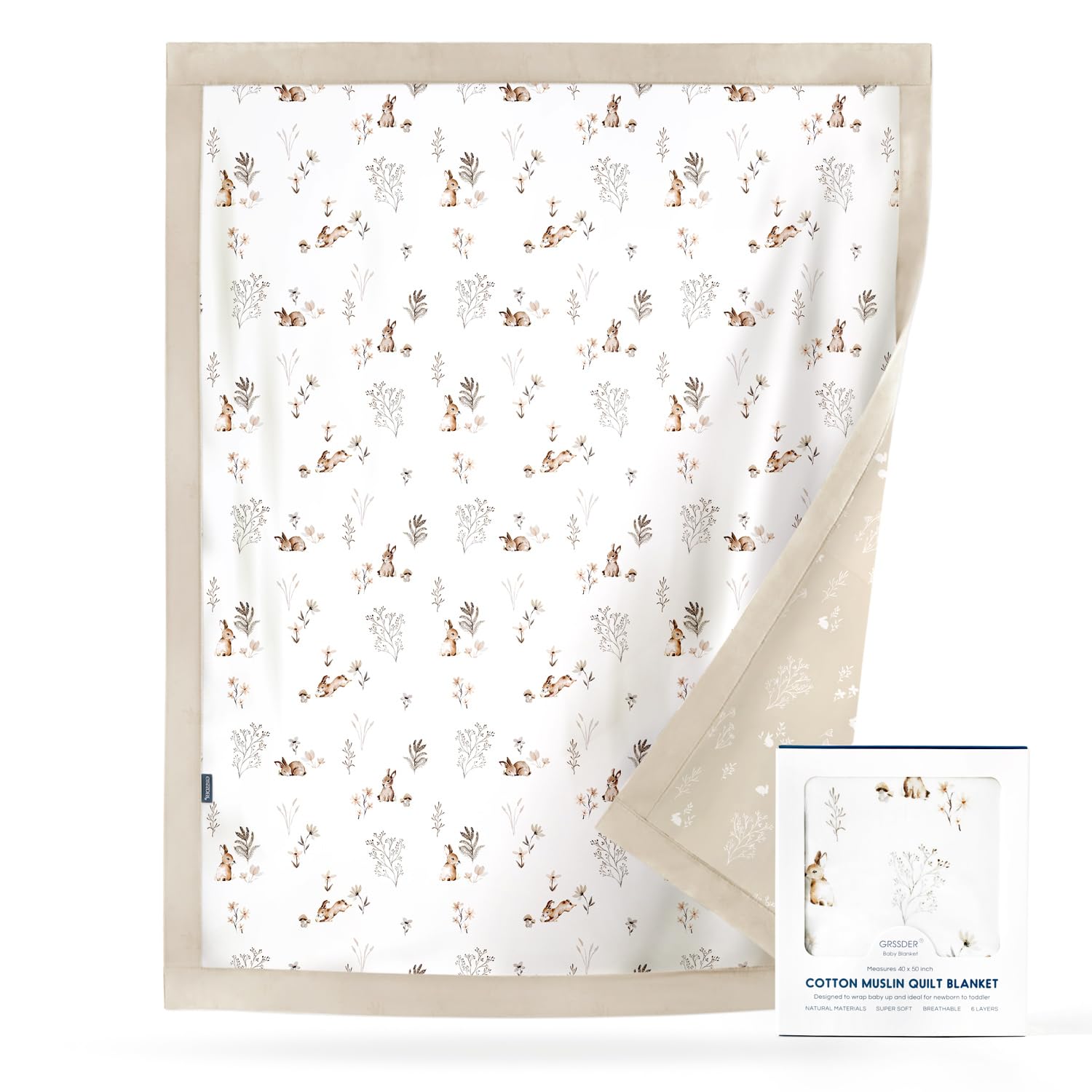 GRSSDER Cotton Muslin Quilt Blanket - Silky Soft and Breathable Baby Blanket Quilt, Oversized Muslin Blankets for Newborns, Toddlers &amp; Kids, 6 Layers Reversible Design for All Seasons, 40" x 50"