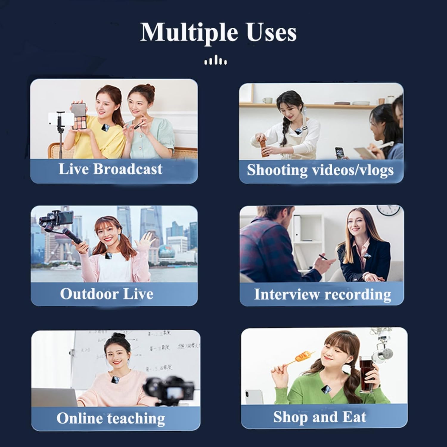 4-in-1 Wireless Lavalier Microphone System with Noise Cancellation, UHF Transmission, 12H Battery for iPhone/Android– Ideal for Podcasting, Interviews & Group Recordings