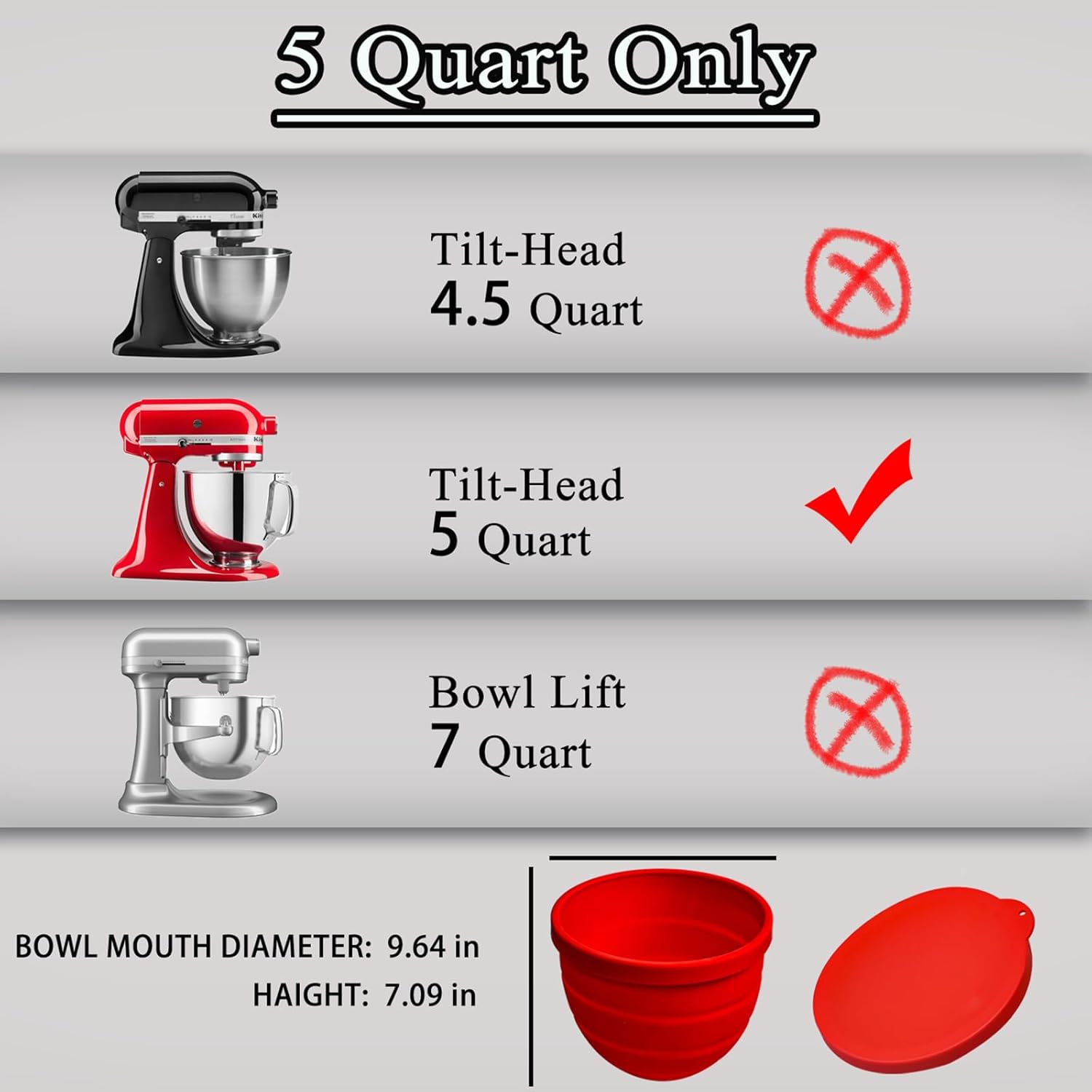 Silicone Bowl Liners for KitchenAid Tilt-Head 5 Qt Stand Mixers, 3 Silicone Liners & Lids/Extra-Thick/Odourless/Dishwasher Safe/Food Grade/Kitchen Aid Accessories and Attachments for Baking