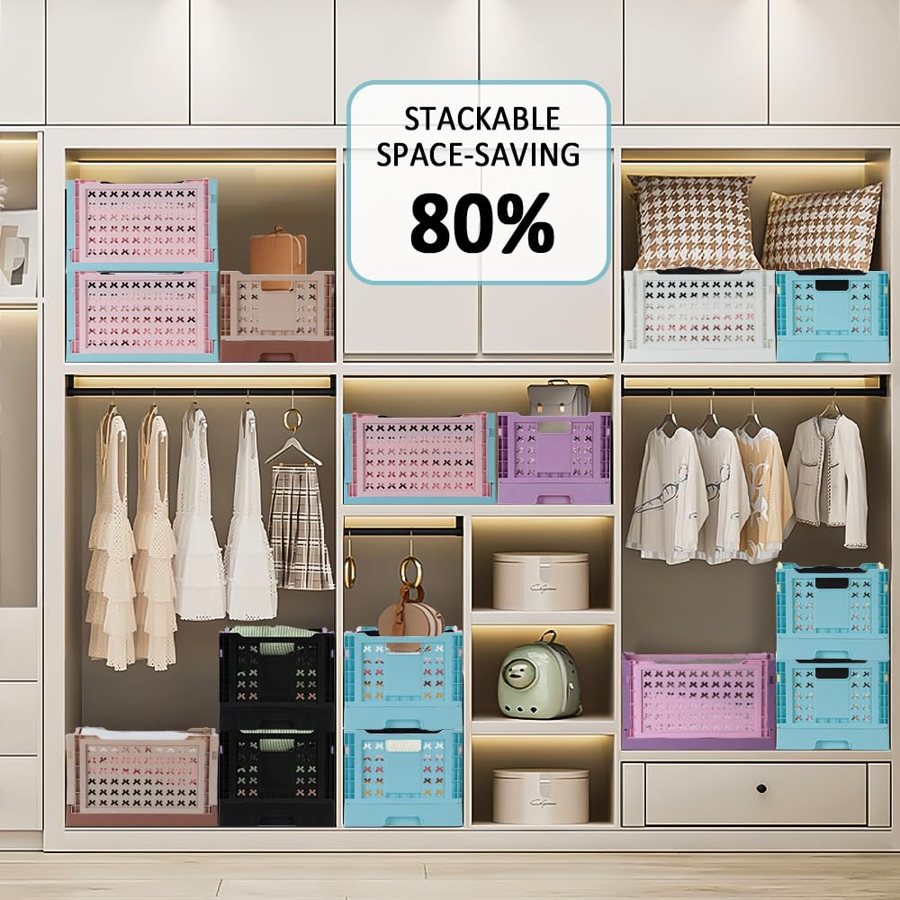 Kunststoff-Regalkörbe, stapelbar, 38,6 x 28,4 cm, dekorativer Korb für Regale, Schrank, Speisekammer, Kinderzimmer, faltbar, Spleißfarbe (Perlweiß), 2 Stück
