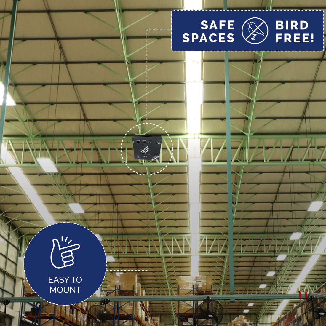 Bird-X Super Quadblaster QB-4+S, Ultrasonic Bird Preventer with Optional Strobe Light and 4 Built-in Speakers, Ideal for Indoors and Semi-Enclosed Areas, Covers 6,500 sq. ft.